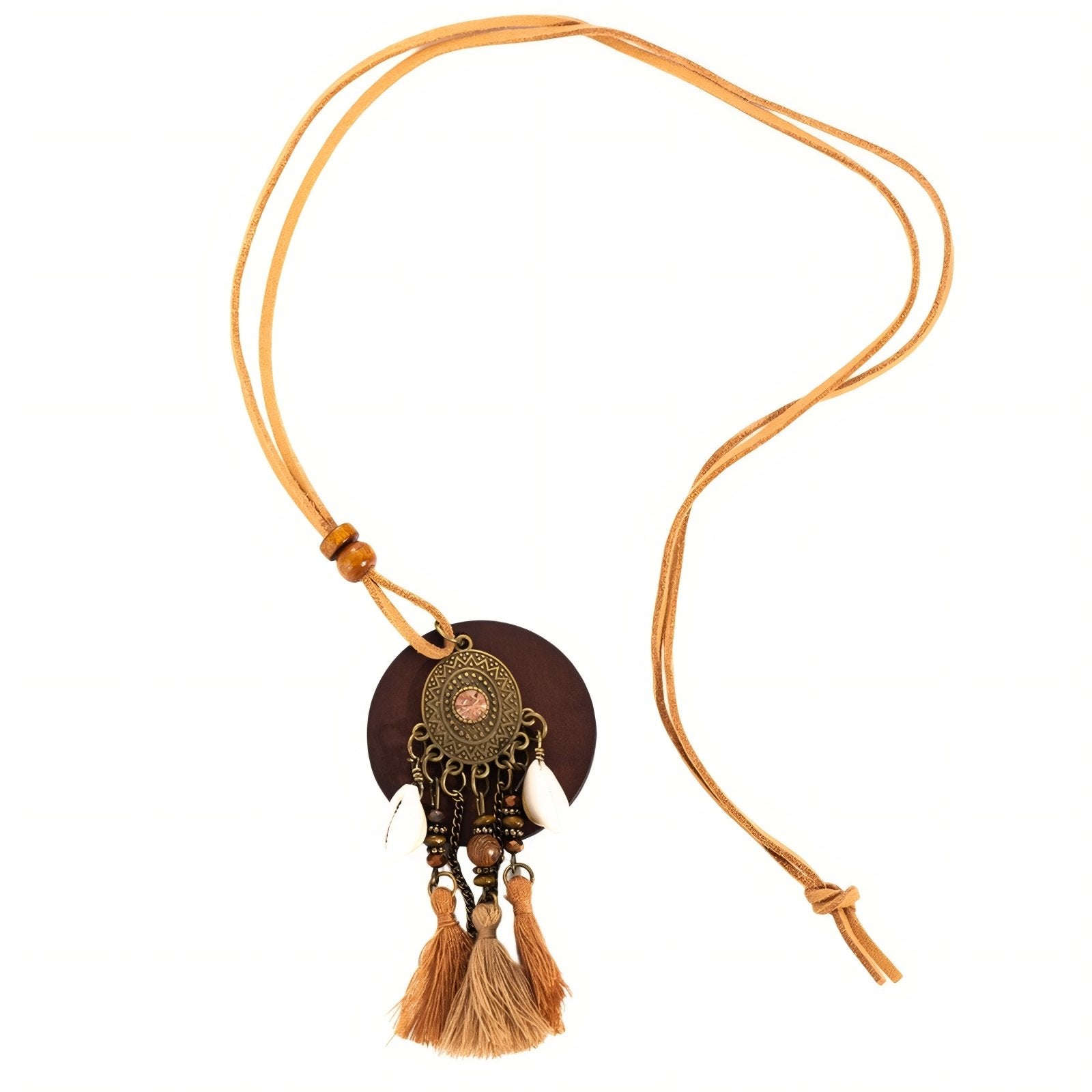 Collier africain en bois, avec pendentif rond ethnique et coquillages, en alliage métallique