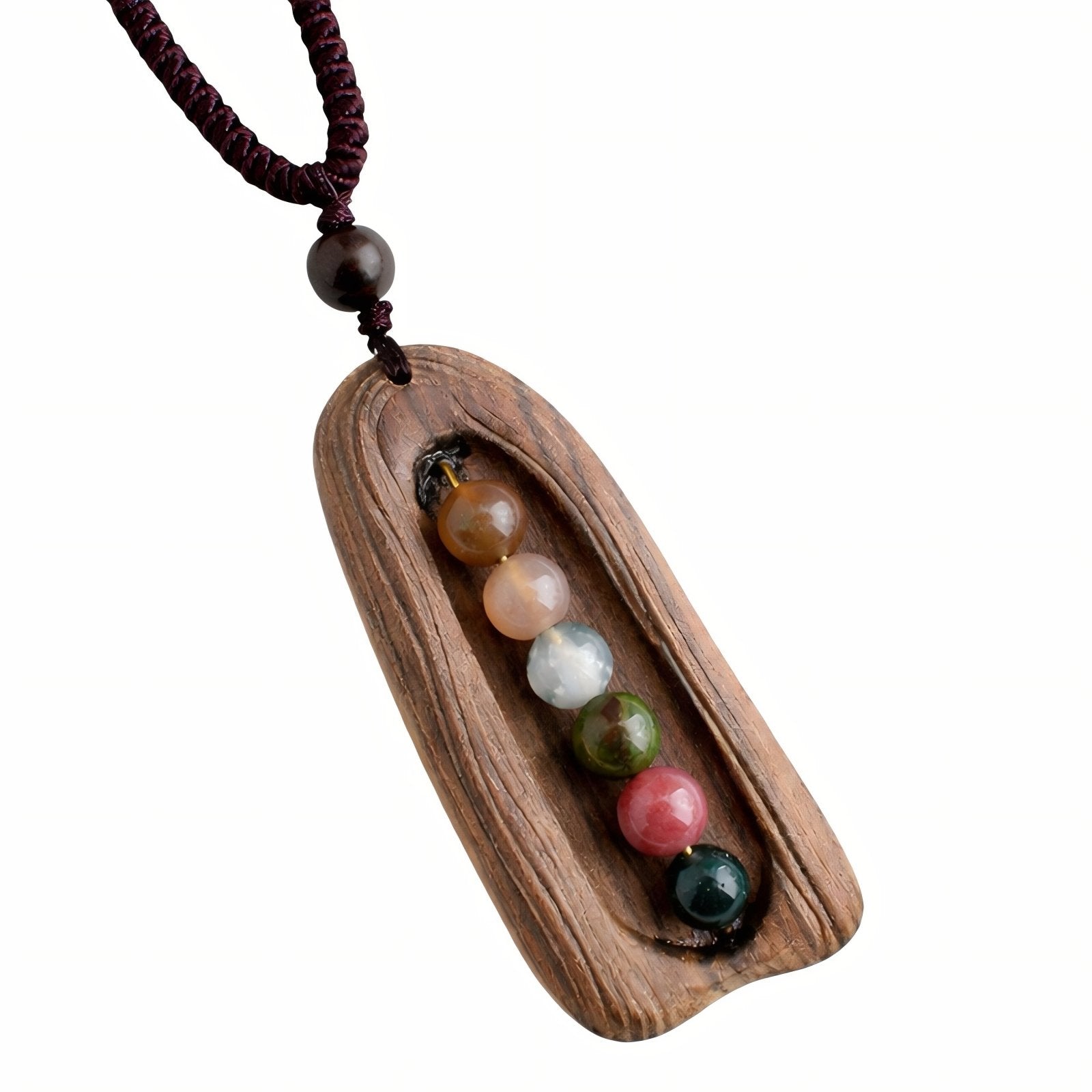 Collier artisanal en bois naturel, avec pendentif incrusté de perles multicolores, fait main