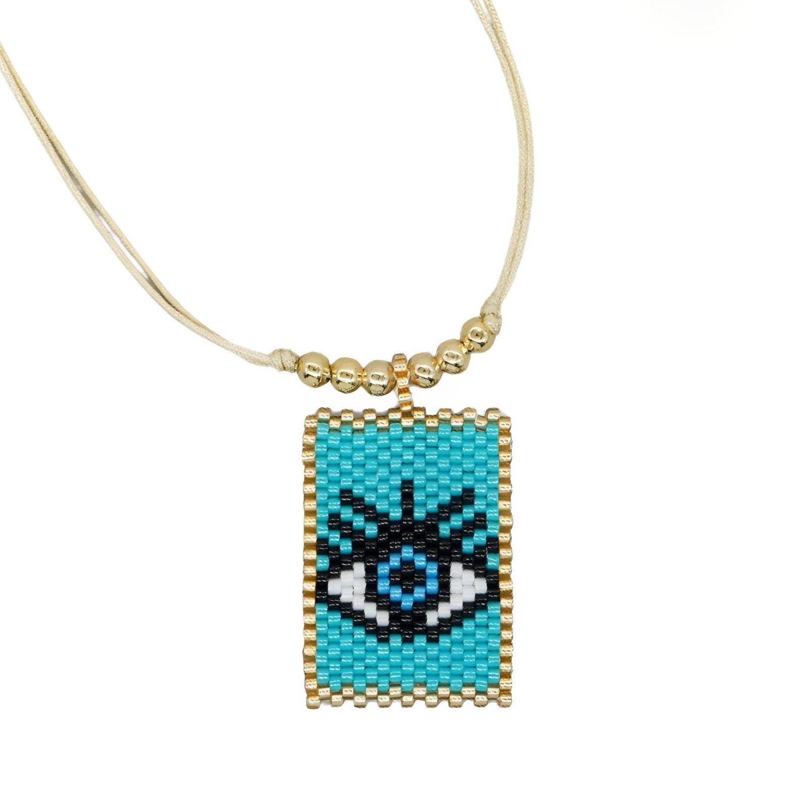 Collier artisanal multicolore en perles Miyuki, motif œil protecteur ou cœur sacré, cordon doré