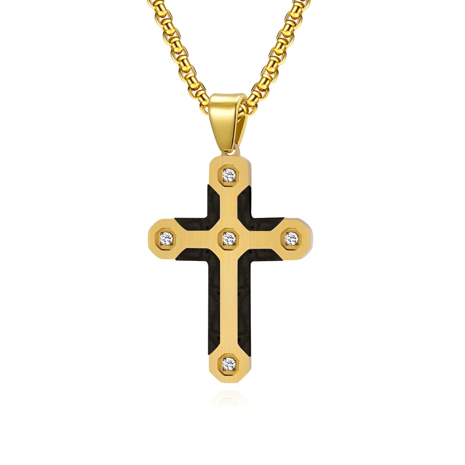 Collier avec croix en fibre de carbone noire et strass, chaîne jaseron, modèle Matthias