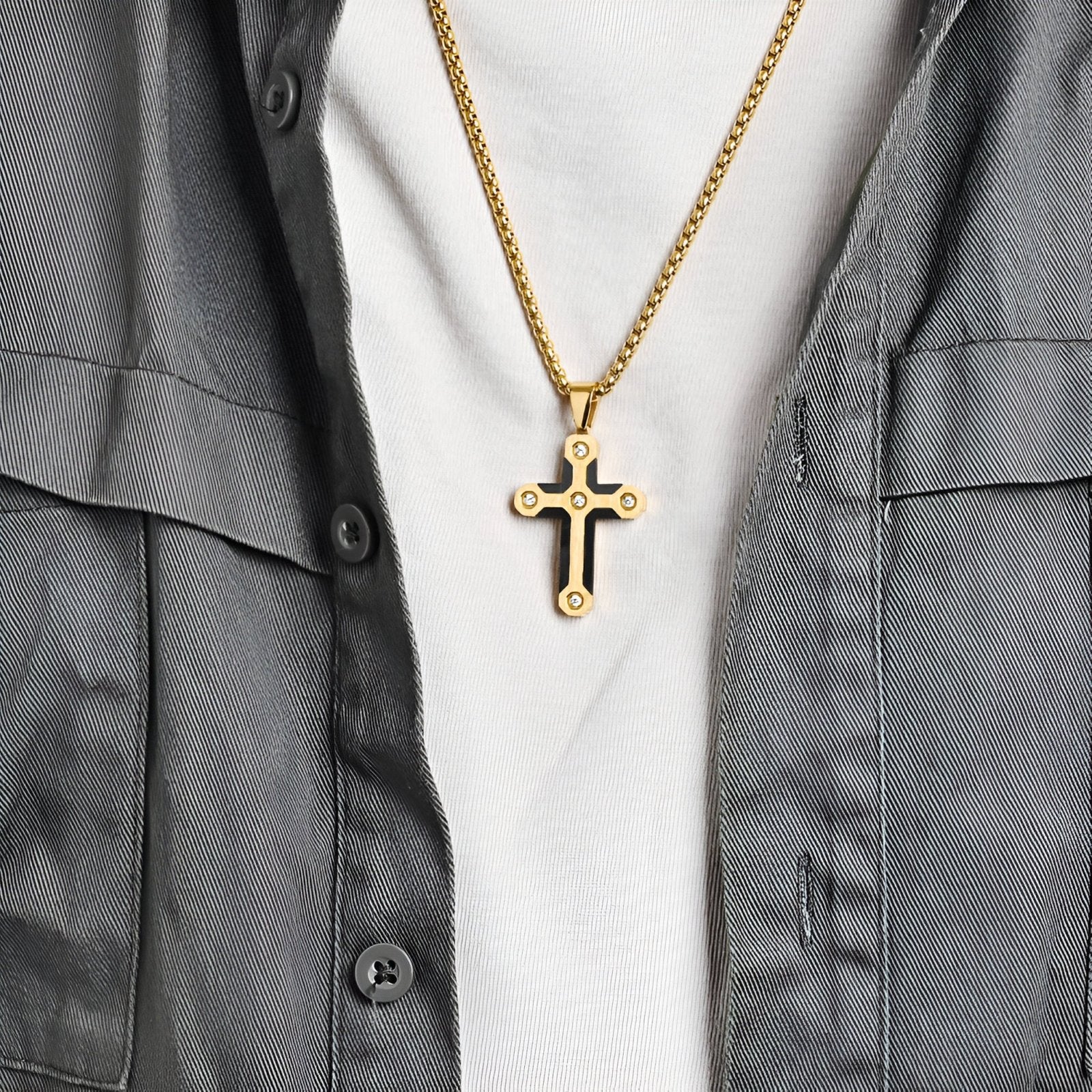 Collier avec croix en fibre de carbone noire et strass, chaîne jaseron, modèle Matthias