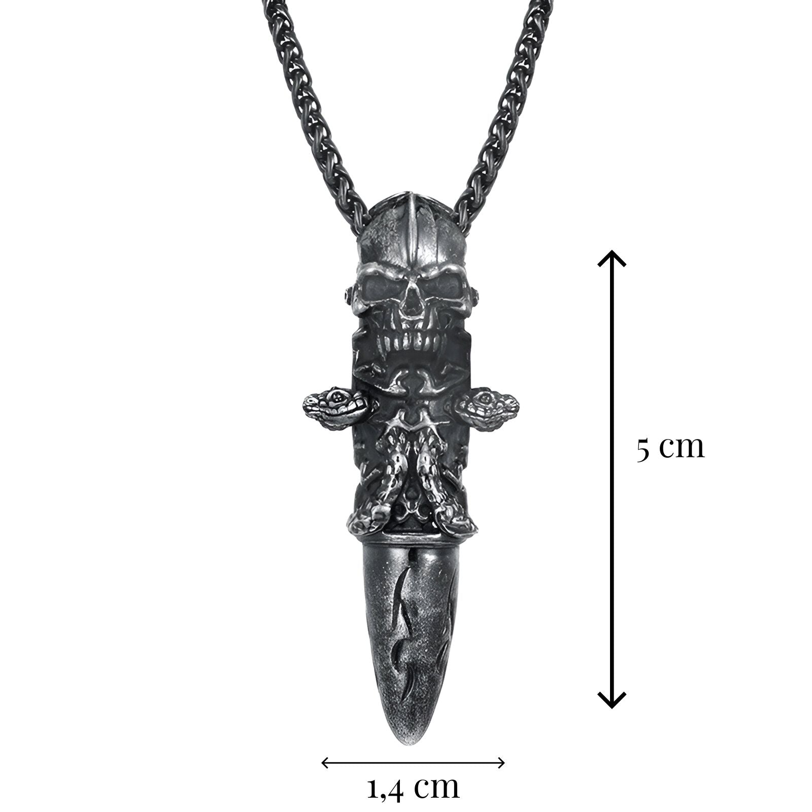 Collier biker homme, pendentif munition tête de mort en acier inoxydable, maille spiga, modèle Bullet