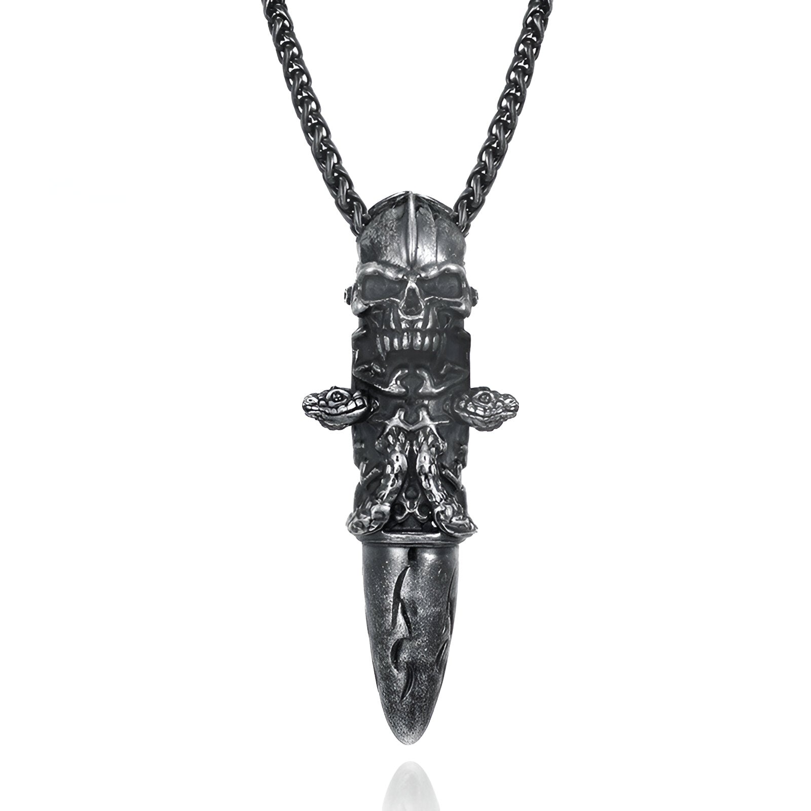 Collier biker homme, pendentif munition tête de mort en acier inoxydable, maille spiga, modèle Bullet