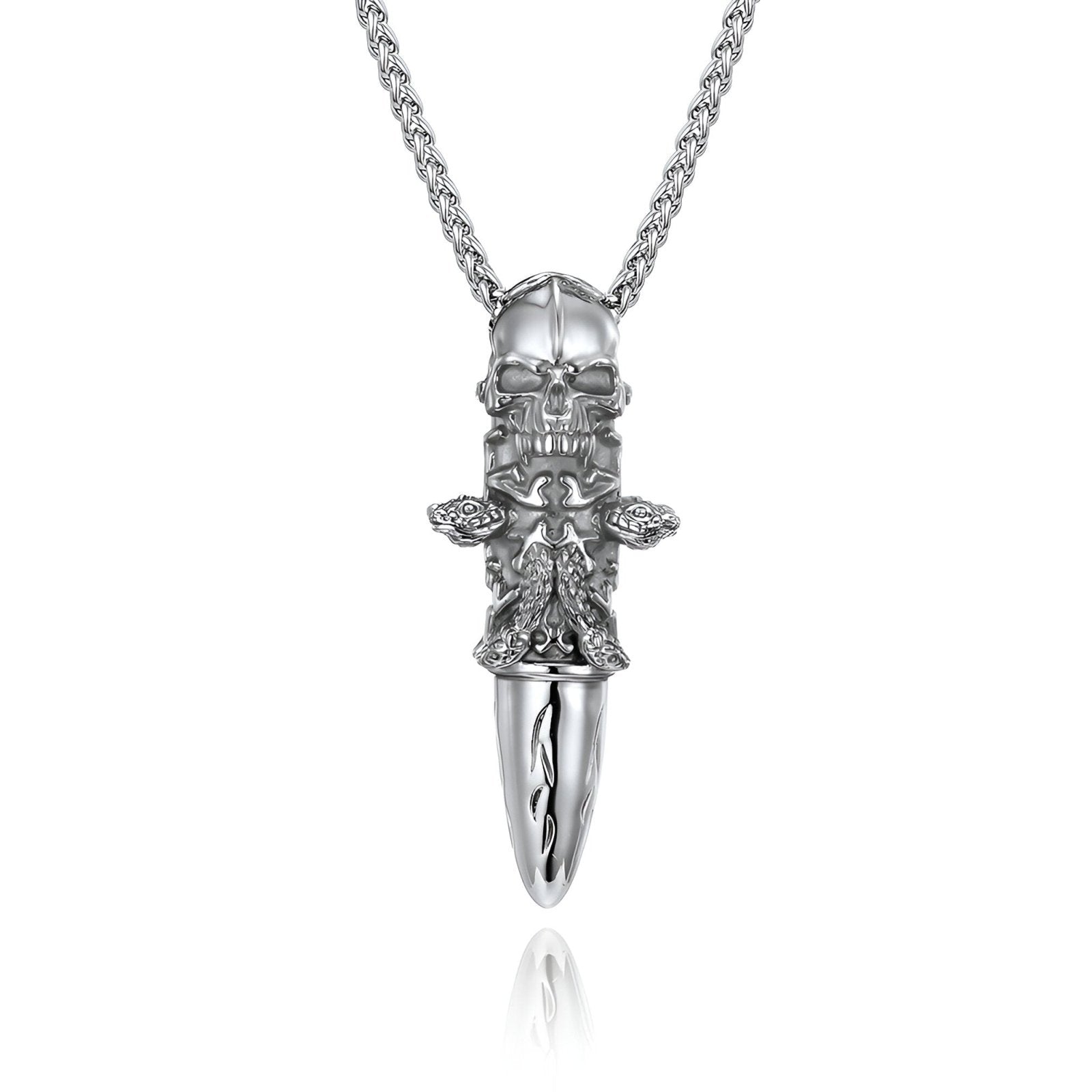 Collier biker homme, pendentif munition tête de mort en acier inoxydable, maille spiga, modèle Bullet