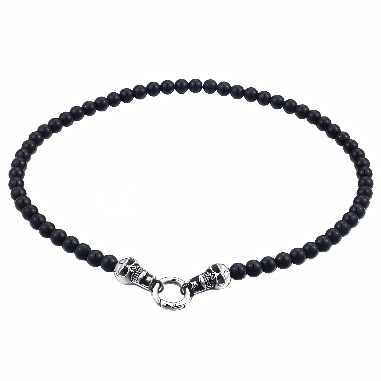 Collier biker pour homme avec perles de verre, fermoir anneau avec têtes de mort, en acier inoxydable
