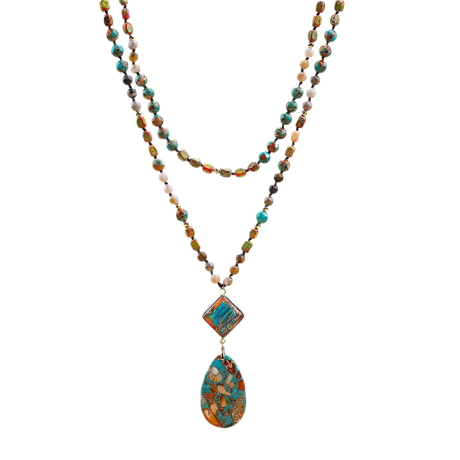 Collier bohème en pierres naturelles multicolores, pendentif goutte et carré, style bohème chic, modèle Tara