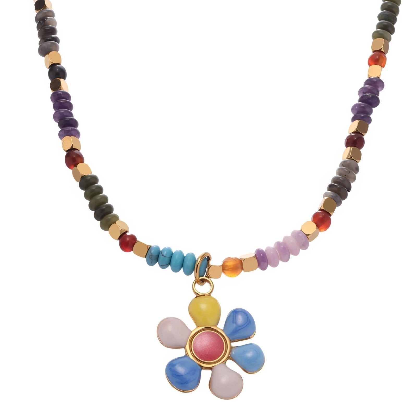 Collier bohème en pierres naturelles, pendentif fleur, pierres d’agate et acier inoxydable
