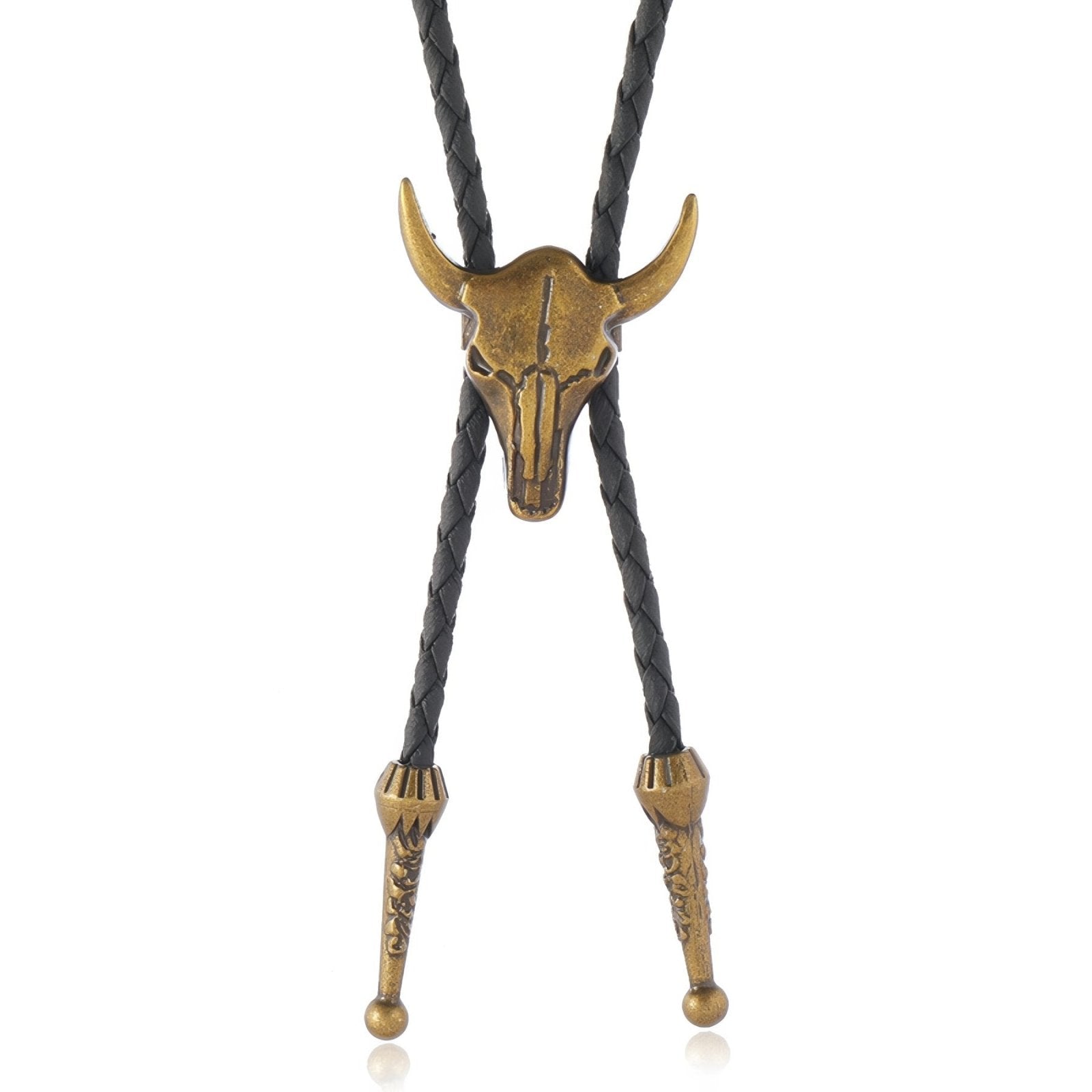 Collier bolo tie buffalo, tête de taureau en métal, cordon en cuir noir