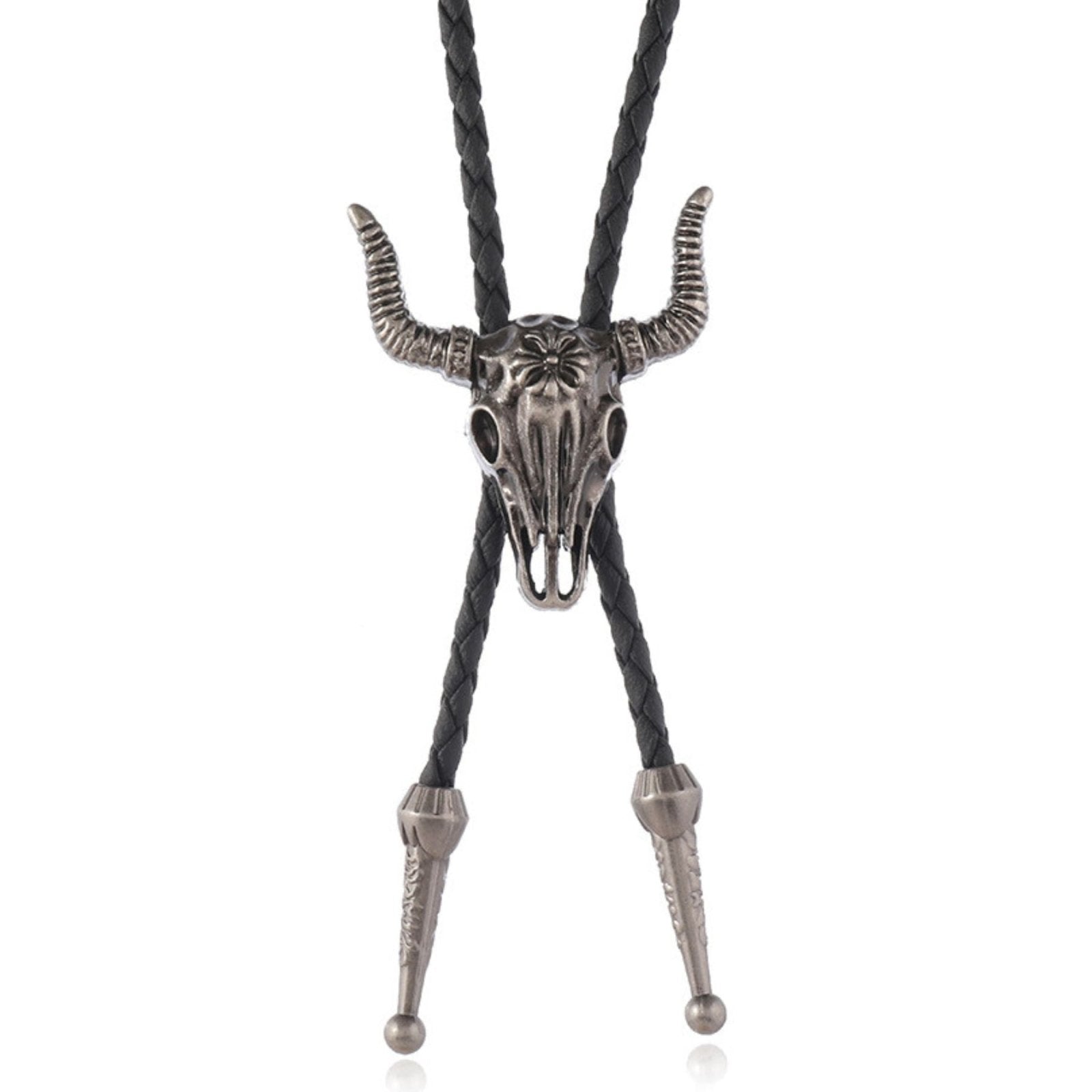 Collier bolo tie tête de taureau, cuir tressé noir, style western vintage