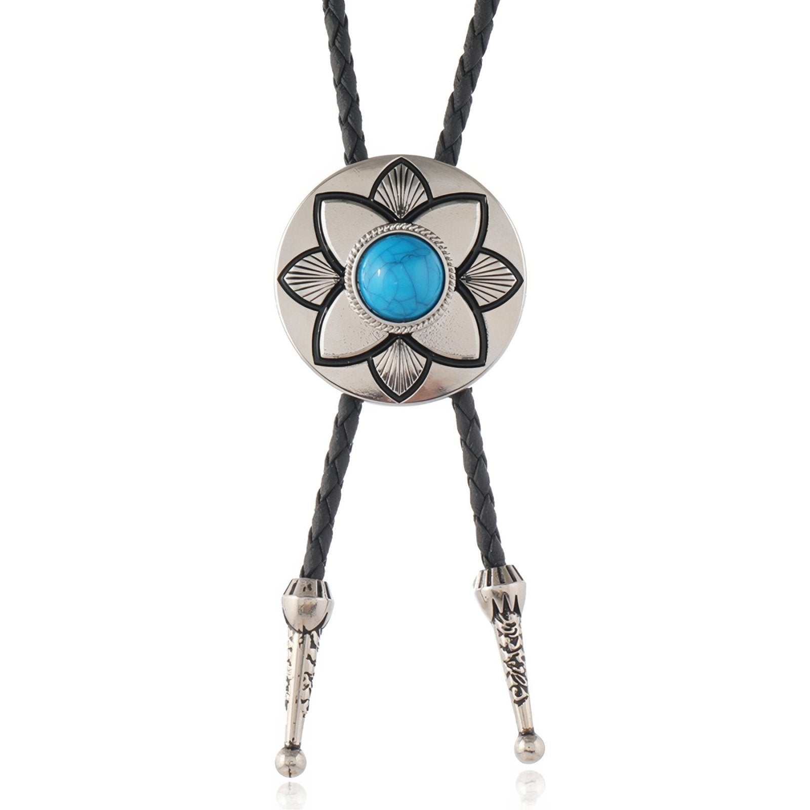 Collier bolo tie unisexe, médaillon rond floral et pierre turquoise ou noire, style western vintage