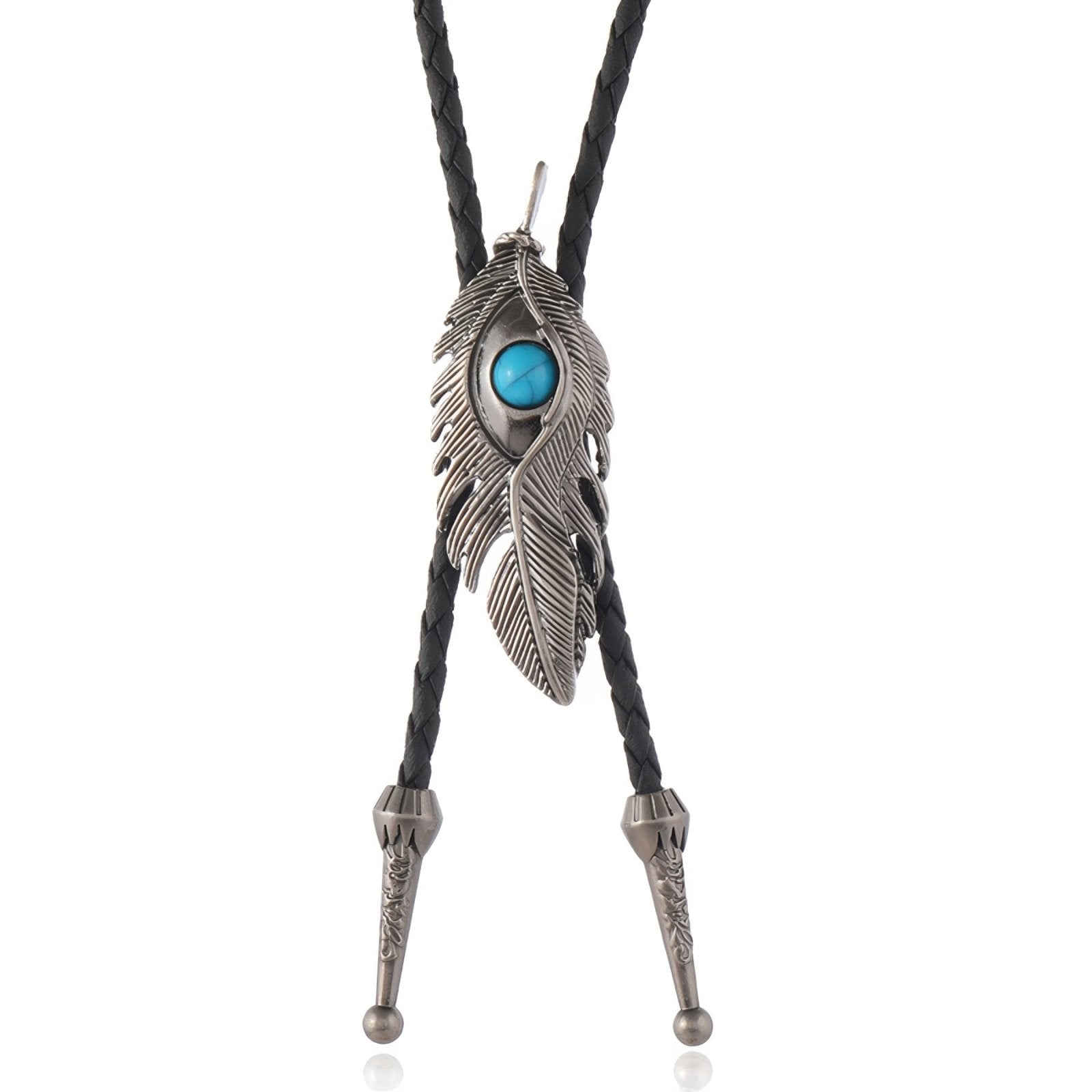Collier bolo tie unisexe, plume avec pierre turquoise et cordon cuir noir, style amérindien vintage