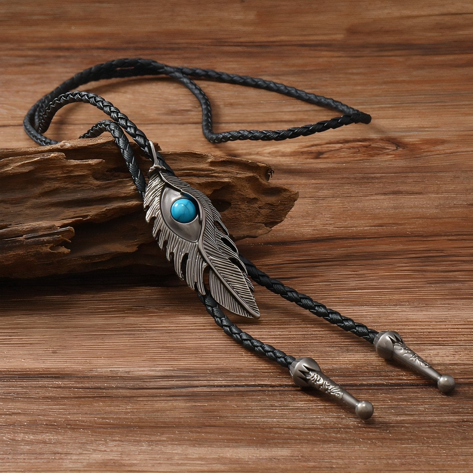 Collier bolo tie unisexe, plume avec pierre turquoise et cordon cuir noir, style amérindien vintage