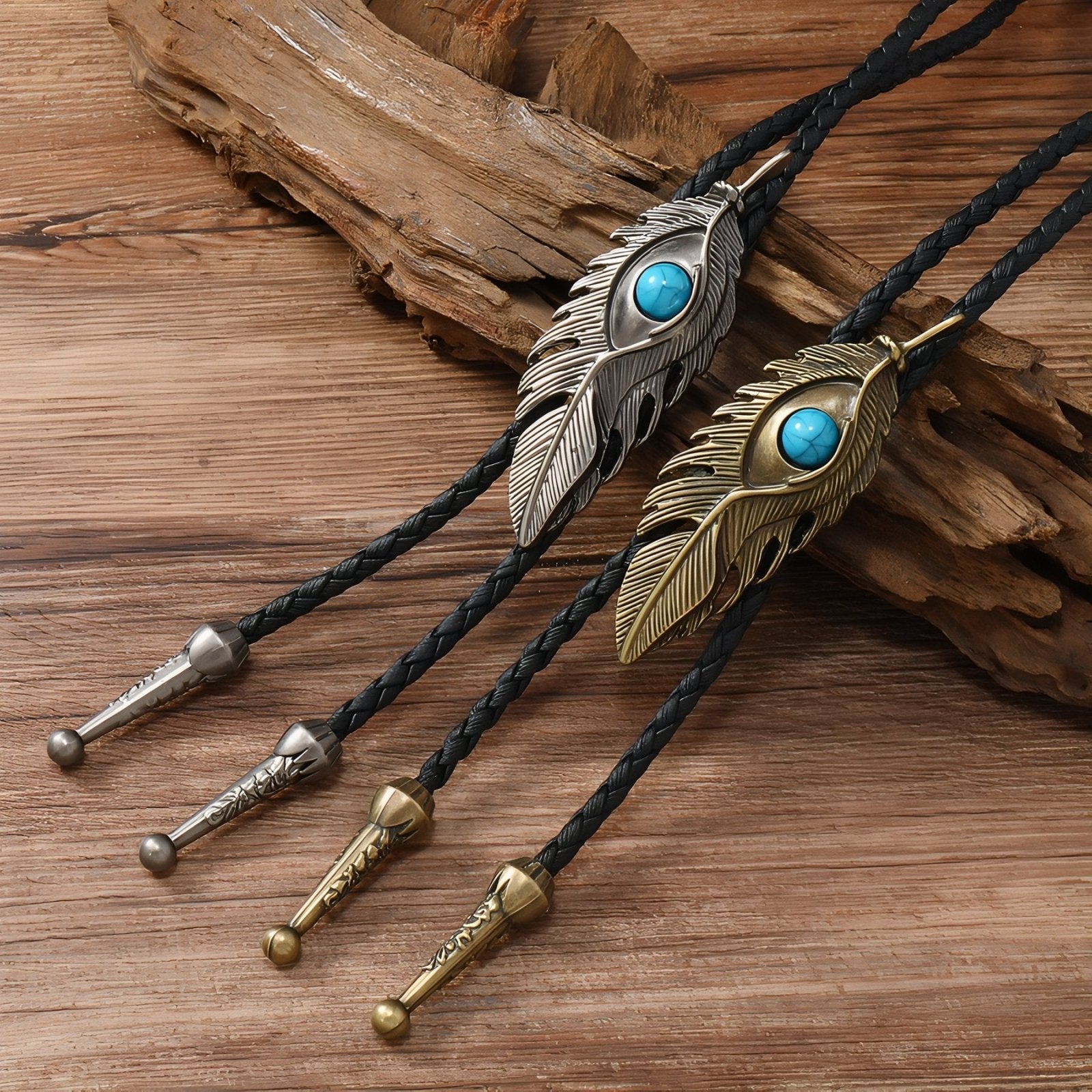 Collier bolo tie unisexe, plume avec pierre turquoise et cordon cuir noir, style amérindien vintage