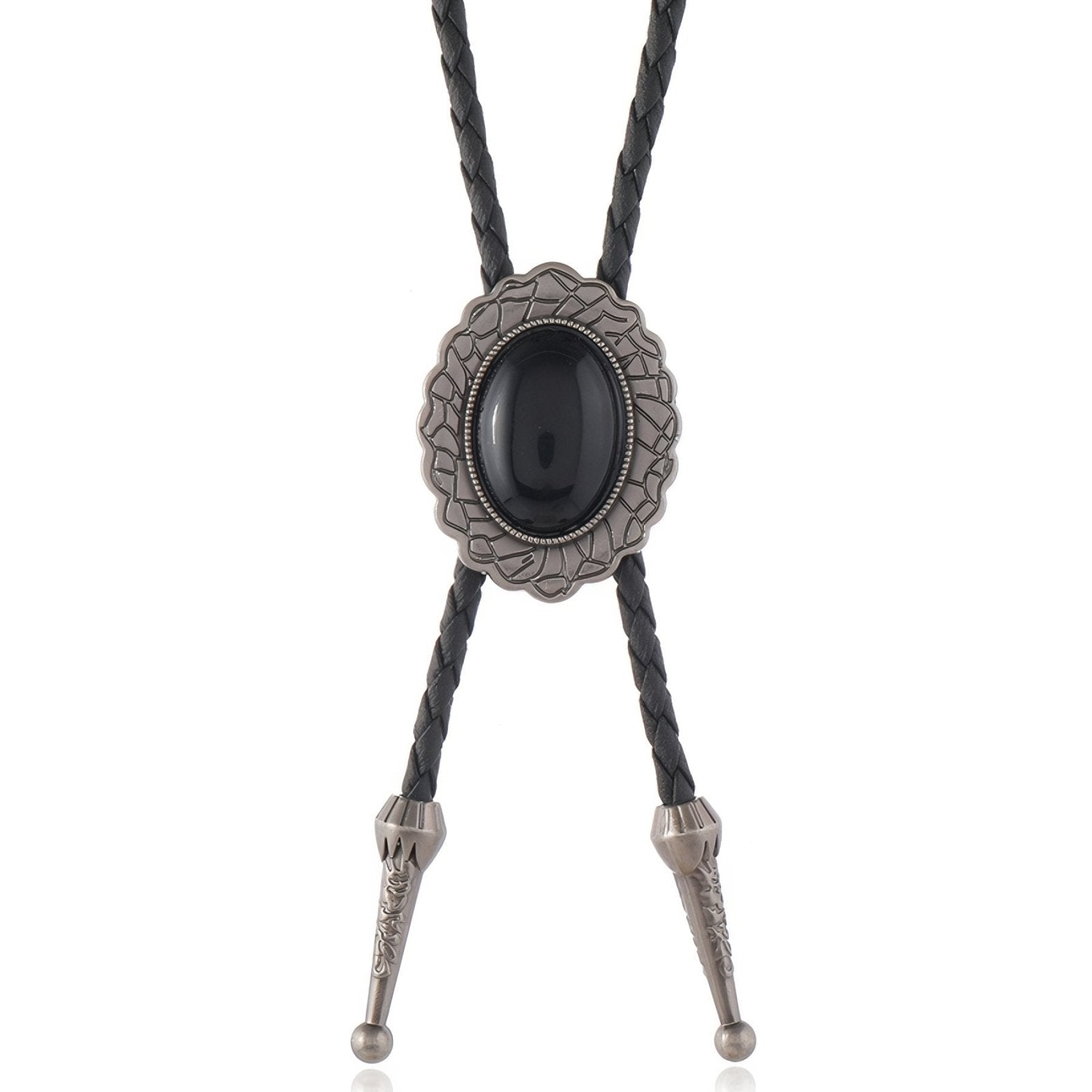 Collier bolo tie unisexe style cow - boy, cuir tressé et pendentif ovale noir, look western vintage