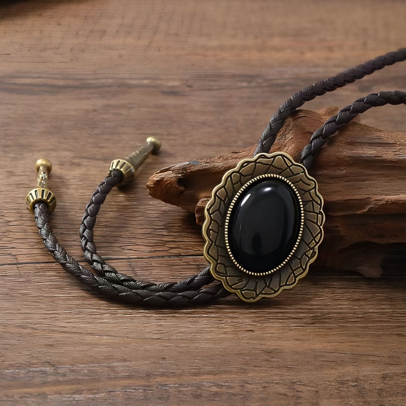 Collier bolo tie unisexe style cow - boy, cuir tressé et pendentif ovale noir, look western vintage