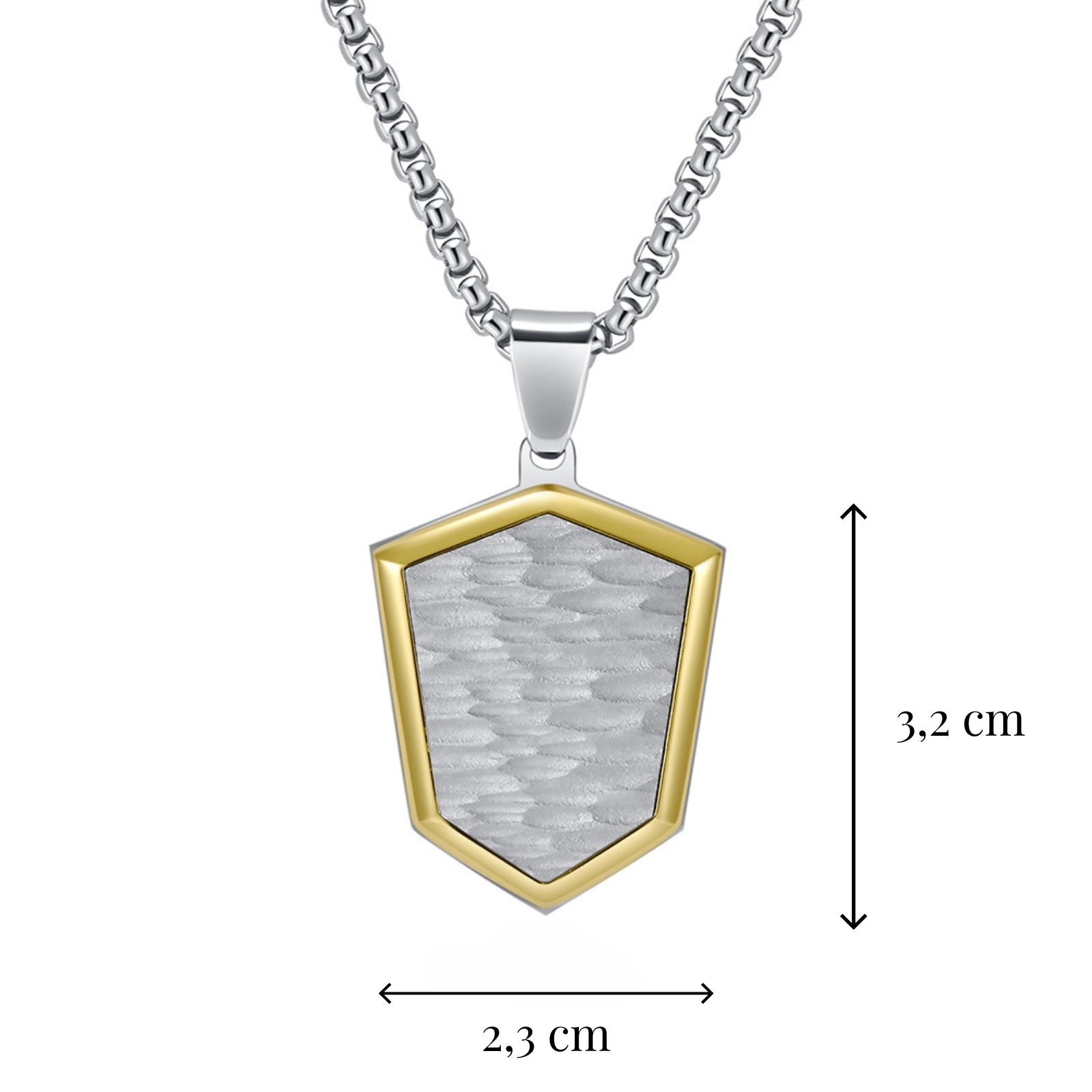 Collier bouclier minimaliste pour homme, acier inoxydable bicolore, maille vénitienne, modèle Soma