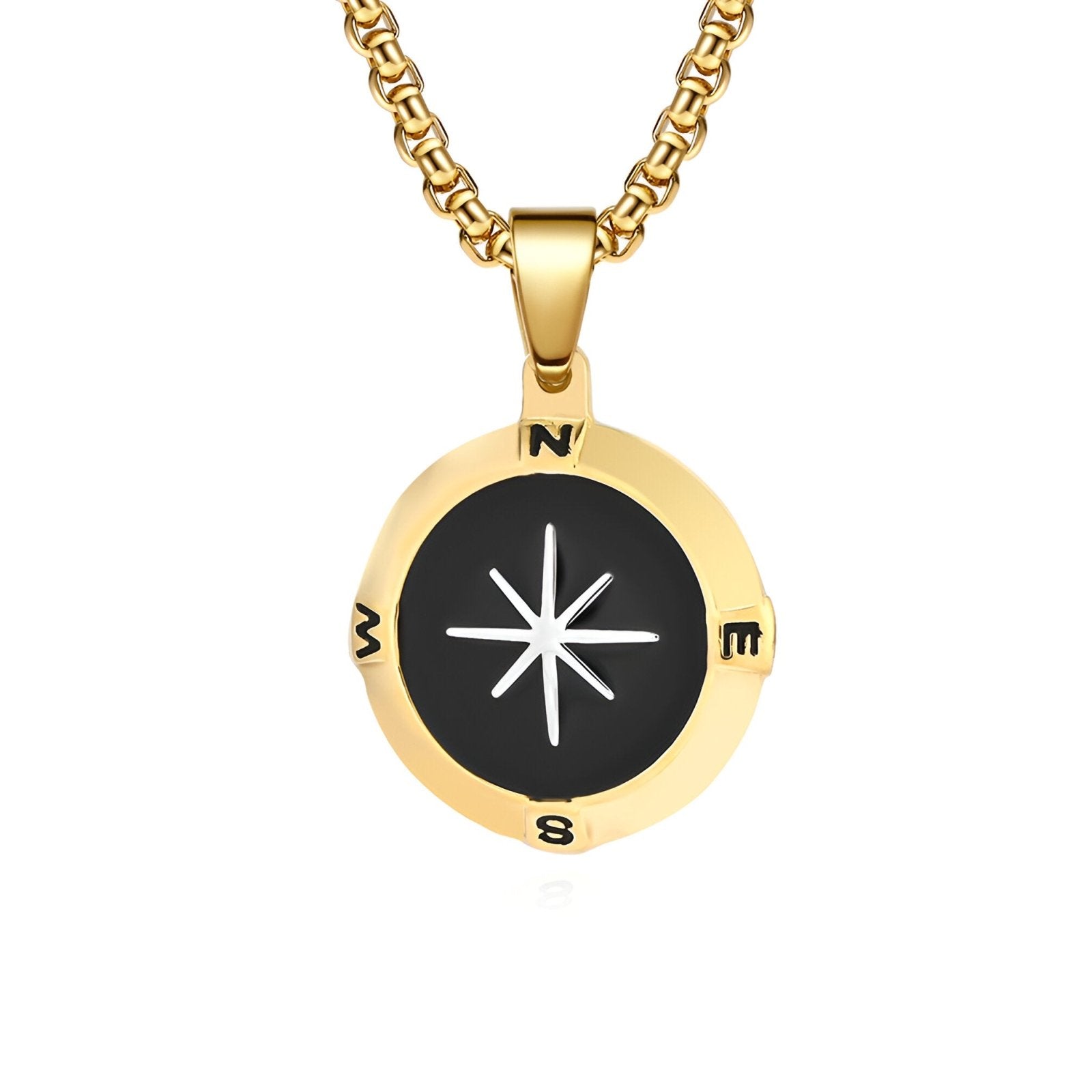 Collier boussole homme en acier, médaillon étoile du Nord noir et doré, modèle Atlas
