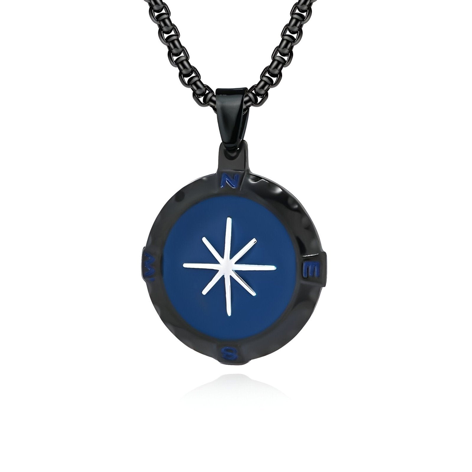 Collier boussole homme en acier, médaillon étoile du Nord noir et doré, modèle Atlas