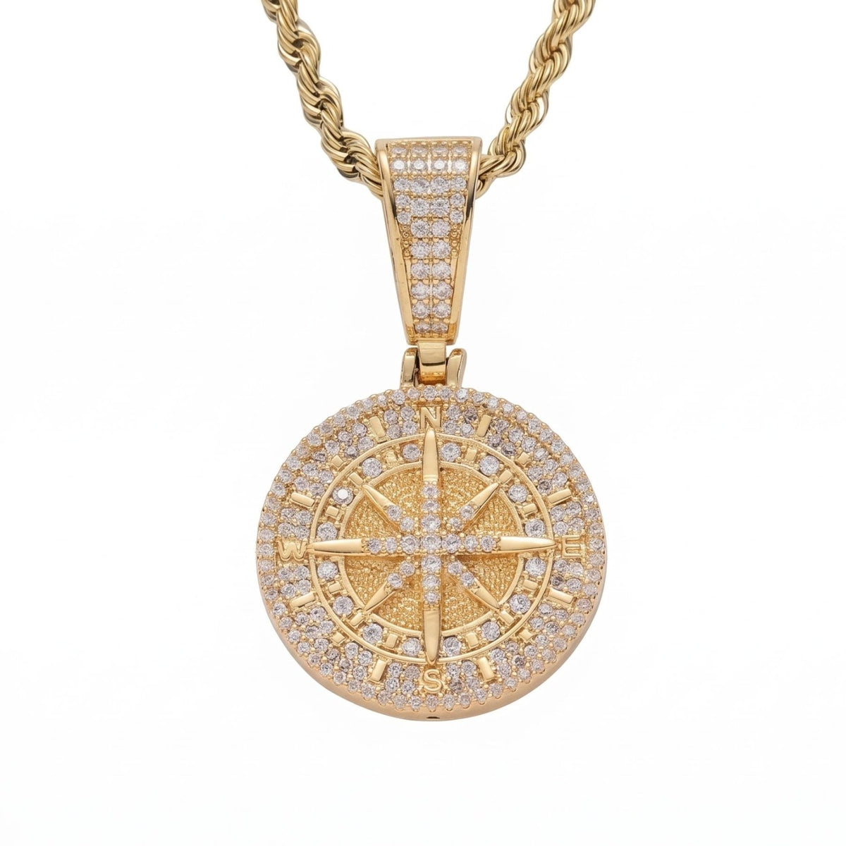 Collier boussole pour homme, en cuivre serti de zircon, pendentif rose des vents et chaîne torsadée