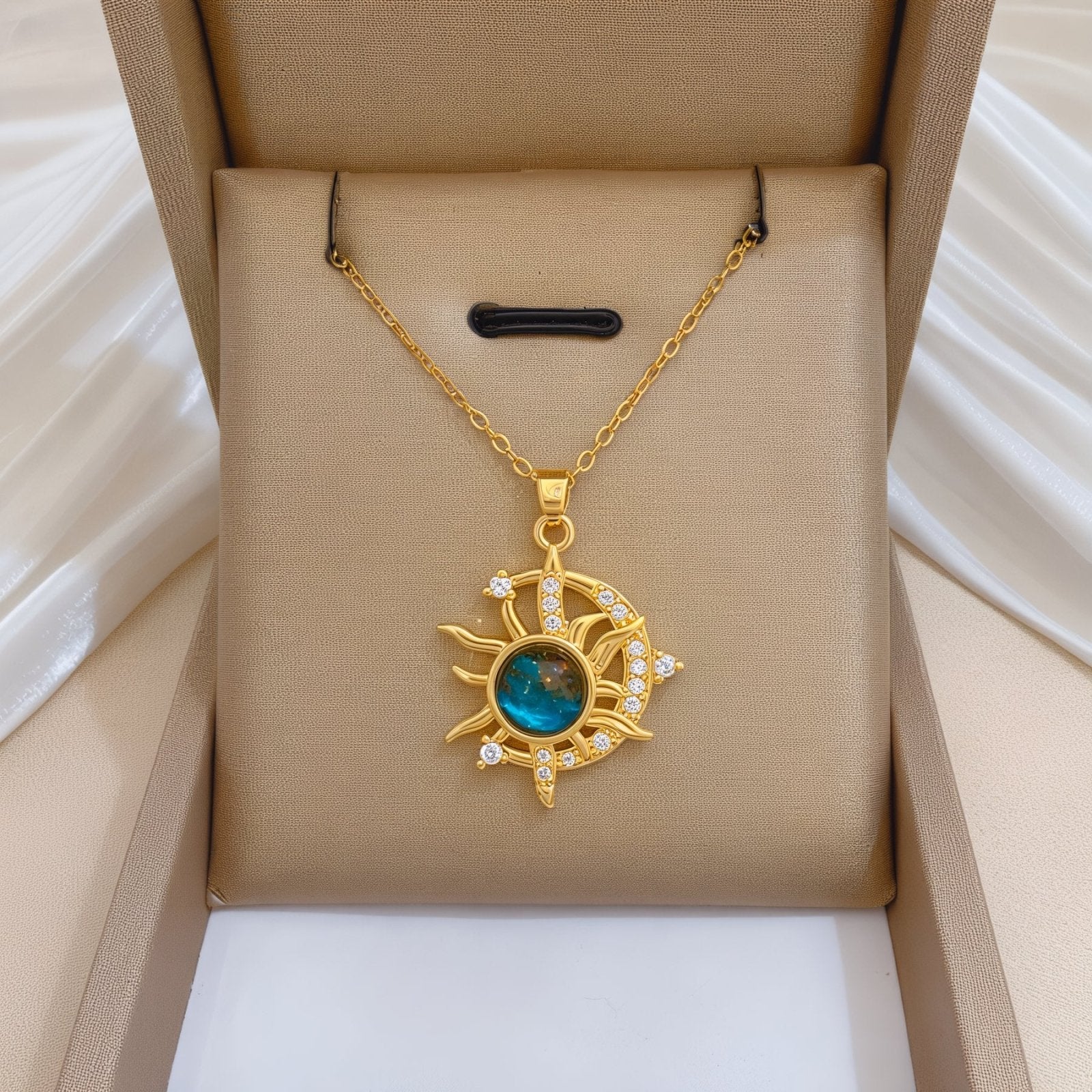 Collier céleste lune et soleil, doré avec pendentif astral pierre bleue en résine, pour femme, modèle Stella