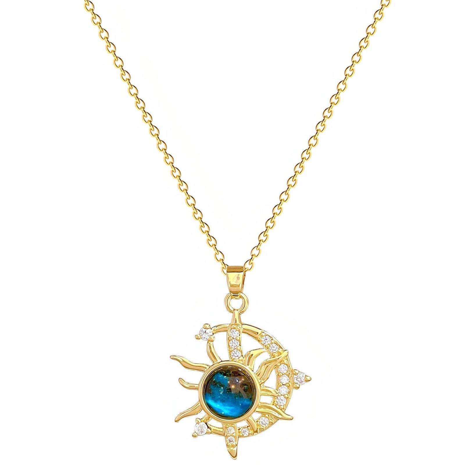 Collier céleste lune et soleil, doré avec pendentif astral pierre bleu