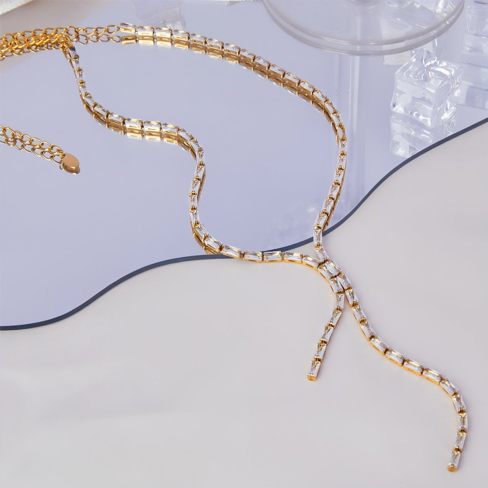 Collier chaîne cravate doré femme, strass rectangulaires colorés, acier inoxydable plaqué or 18K