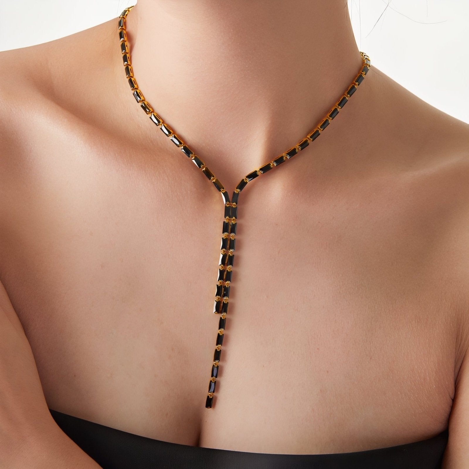 Collier chaîne cravate doré femme, strass rectangulaires colorés, acier inoxydable plaqué or 18K