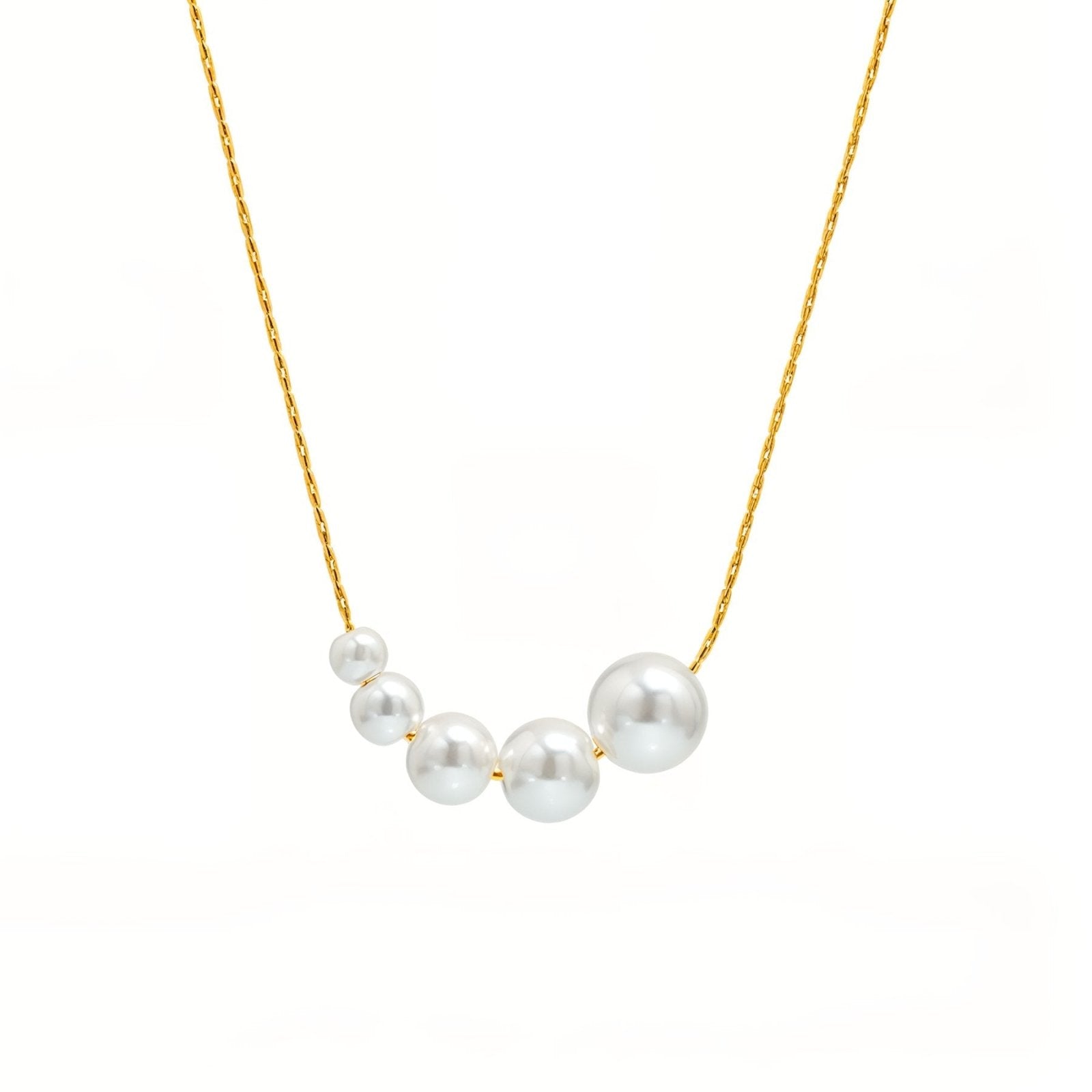 Collier chaîne fine plaqué or, perles nacrées en ligne, 40 cm extensible, modèle Savannah