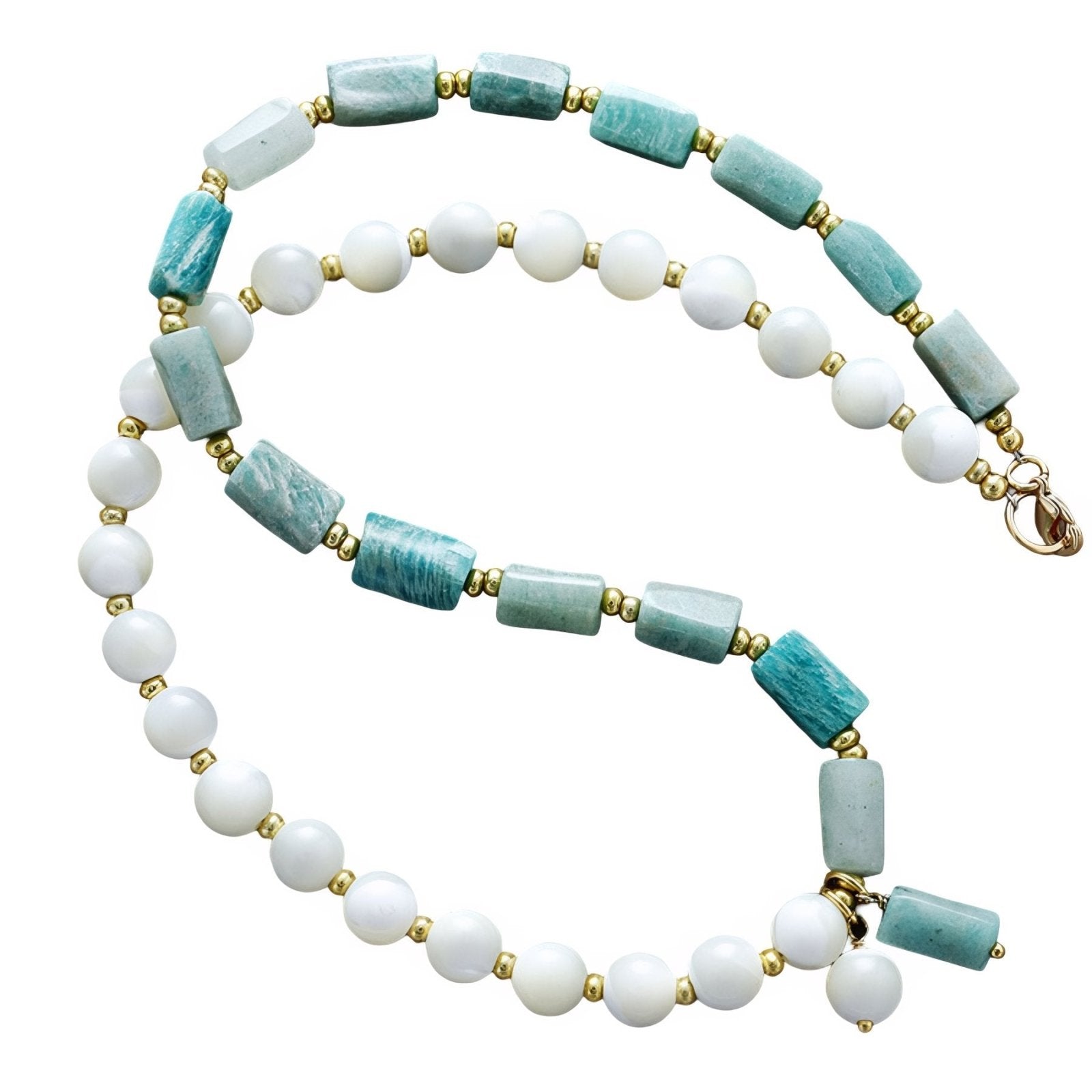 Collier choker en pierres naturelles, amazonite bleue et perles nacrées blanches, style bohème chic