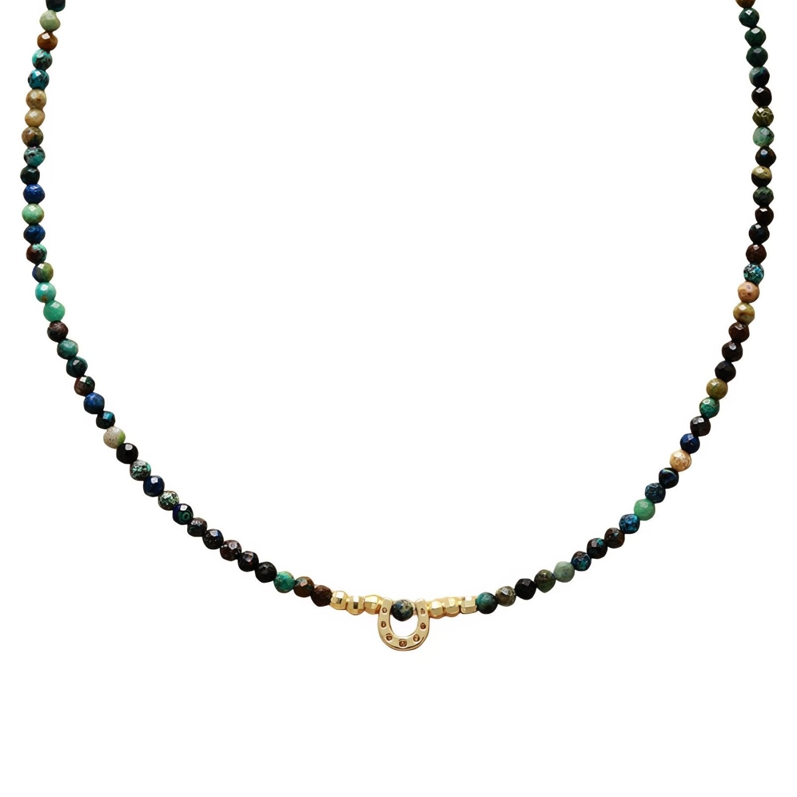 Collier choker pour femme, en pierres naturelles multicolores et ornement fer à cheval ou perles naturelles