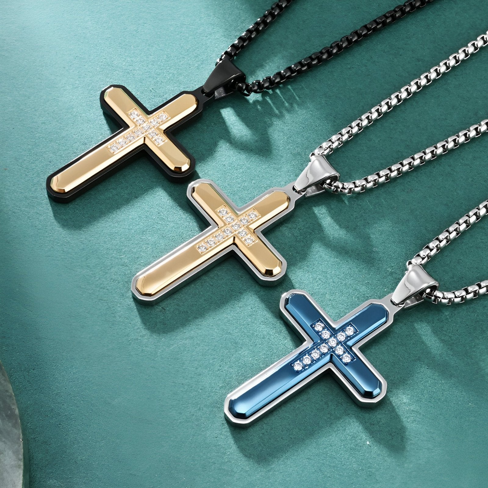 Collier chrétien contemporain, pendentif croix en acier inoxydable bicolore avec zirconium, modèle Eden