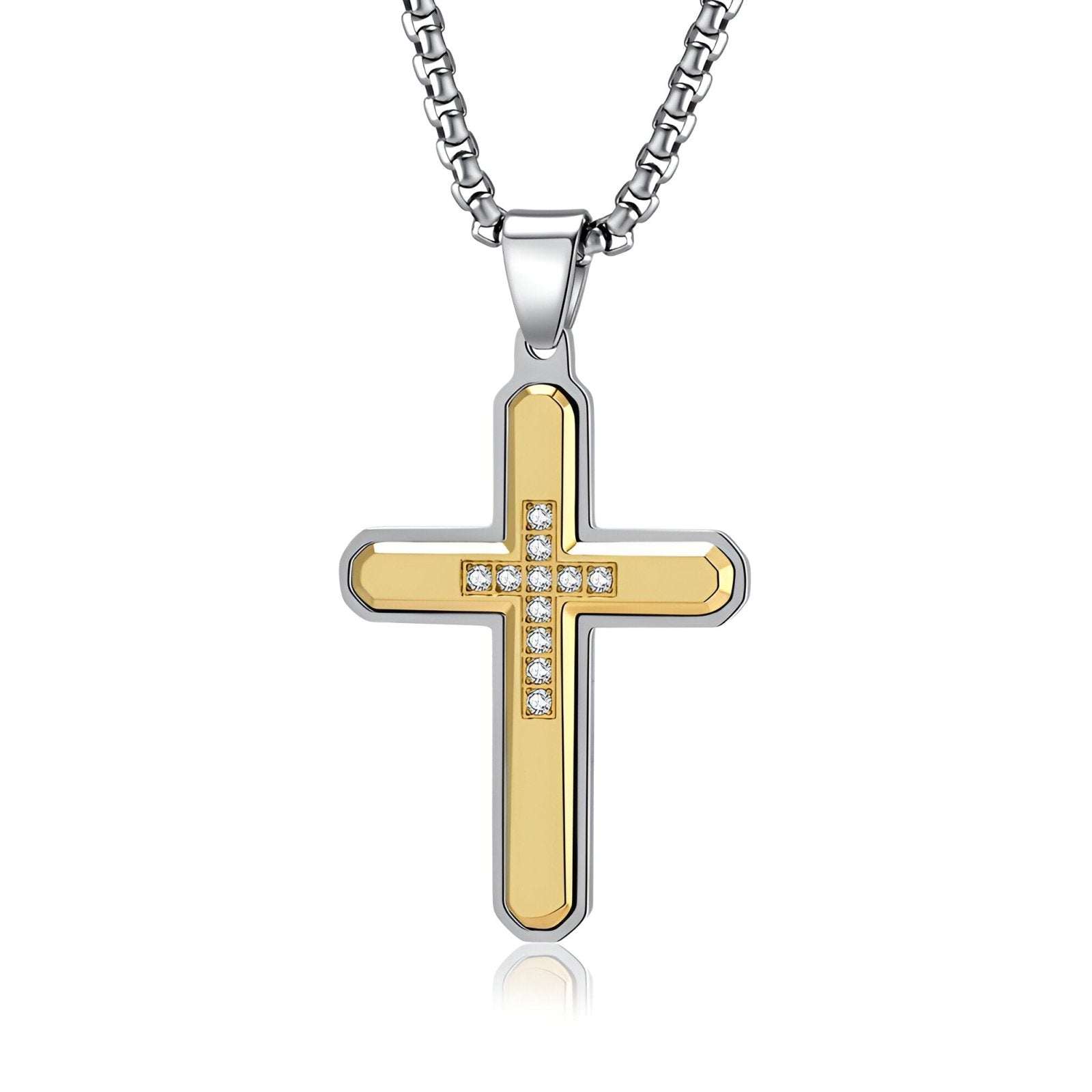 Collier chrétien contemporain, pendentif croix en acier inoxydable bicolore avec zirconium, modèle Eden
