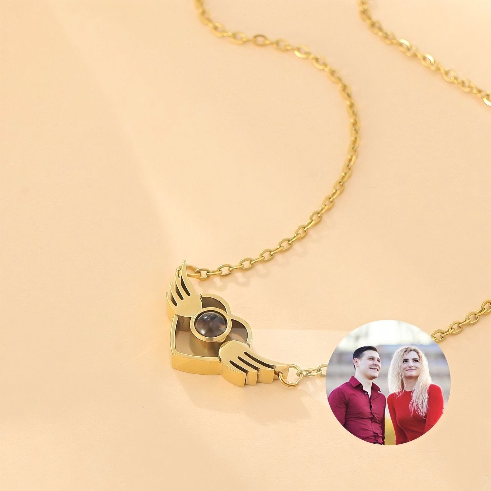 Collier cœur avec ailes et projection photo, pour femme, modèle Wings