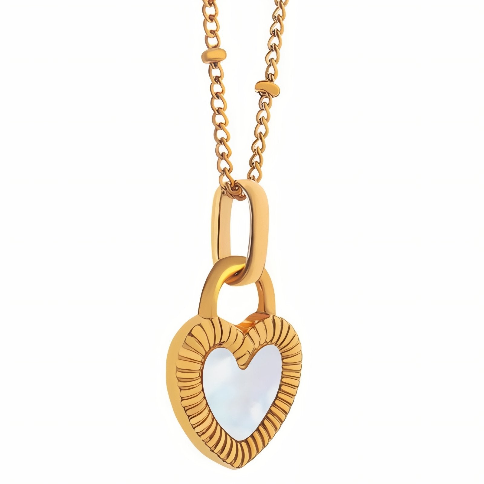 Collier cœur double - face pour femme, avec nacre et résine, en acier inoxydable