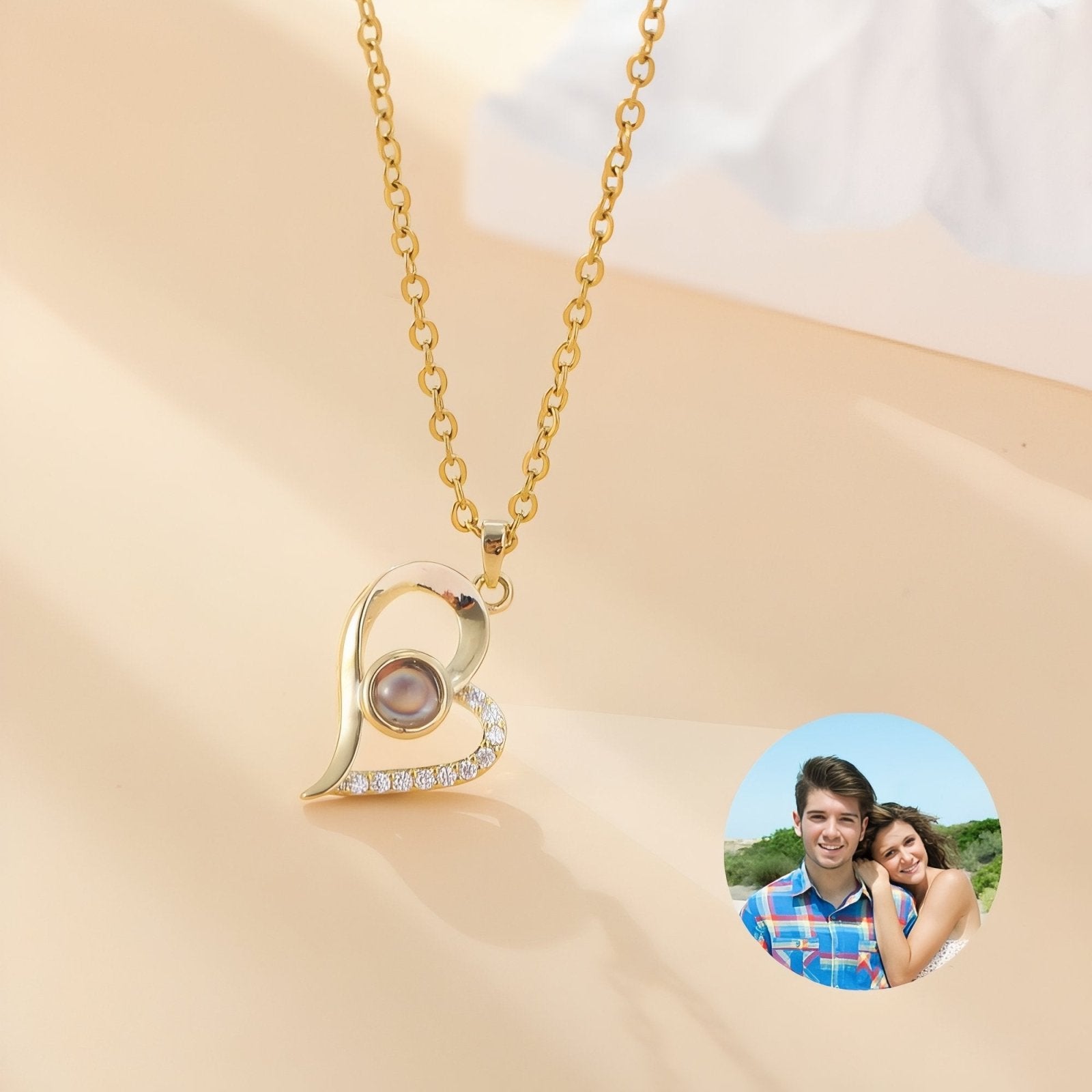 Collier cœur personnalisable avec photo, acier inoxydable et zirconium cubique, modèle Aveline