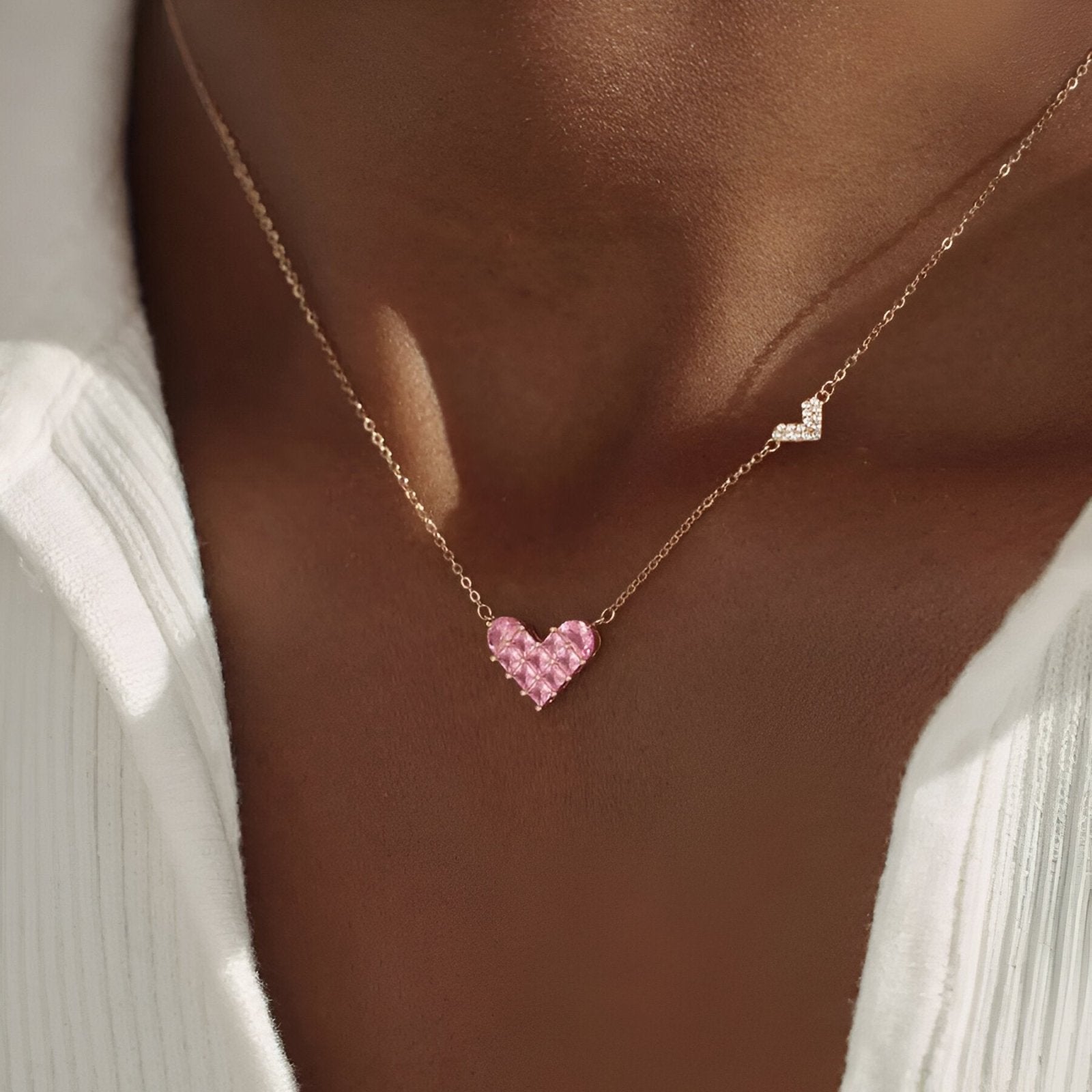 Collier cœur rose en zircon et argent 925, chaîne fine plaquée or rose pour femme, modèle Belle