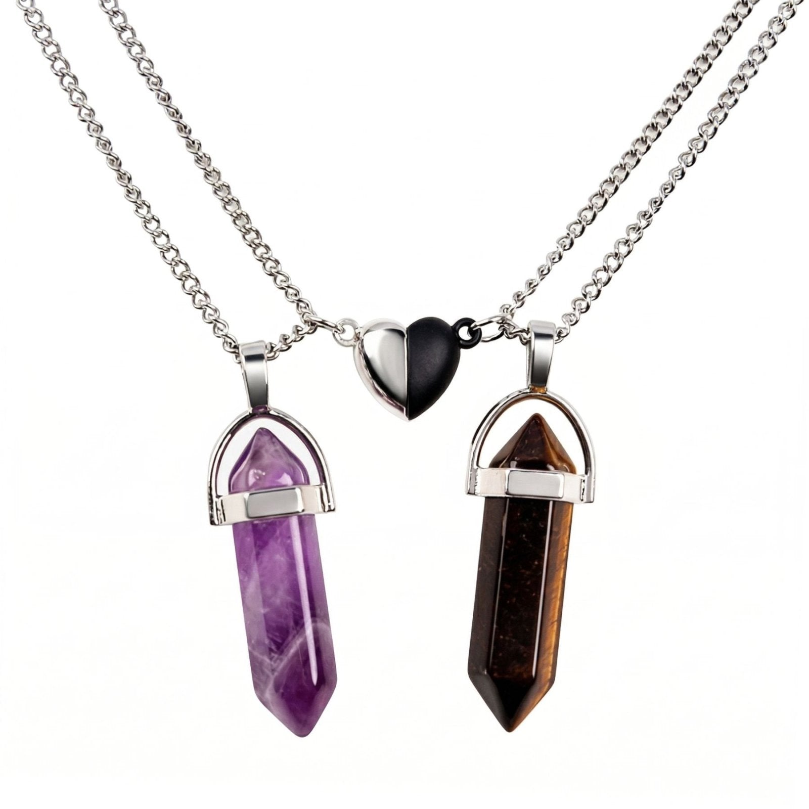 Collier couple, avec pendentif géométrique et cœur, en acier inoxydable et en pierre naturelle