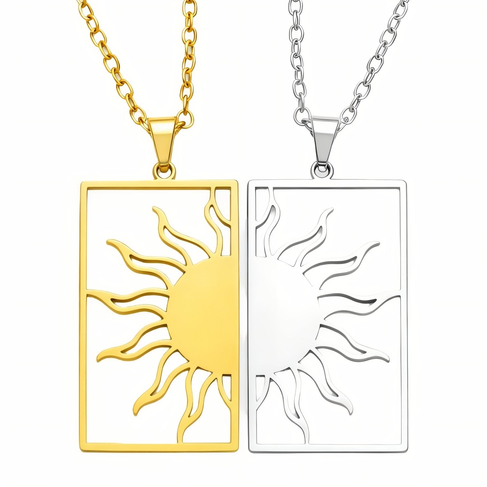 Collier couple original, avec pendentif rectangulaire soleil, en acier inoxydable