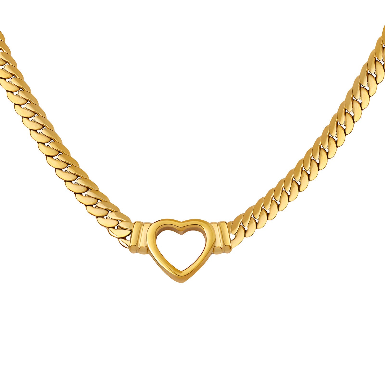 Collier court en acier doré ou argenté, maille épaisse cubaine et cœur central, bijou tendance pour femme, modèle Coline