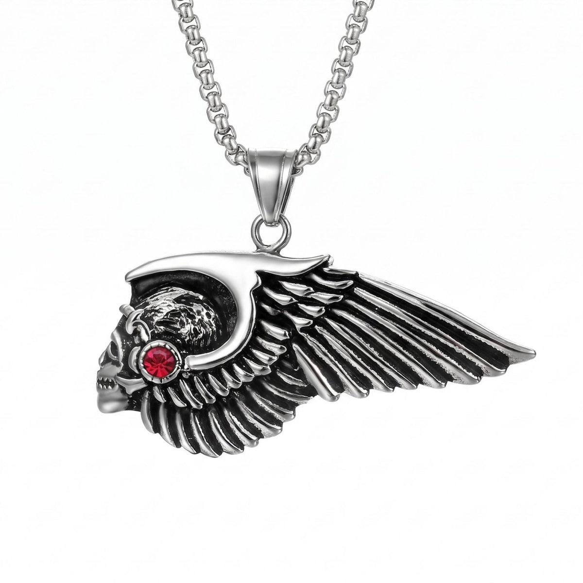 Collier crâne ailé pour homme, en acier titane, pendentif tête de mort avec aile et pierre rouge sertie