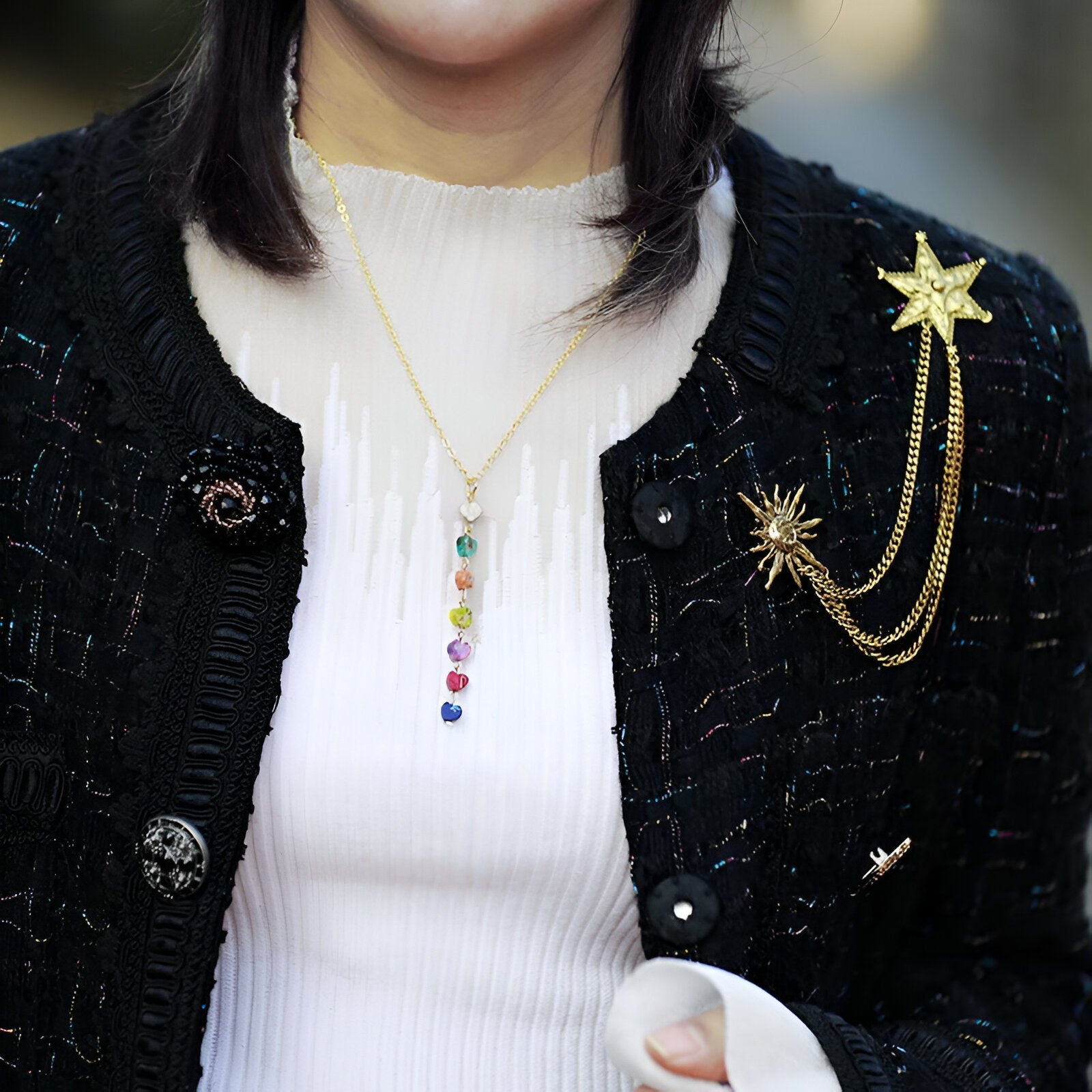 Collier cravate 7 chakras pour femme, motif cœur, modèle Jaya