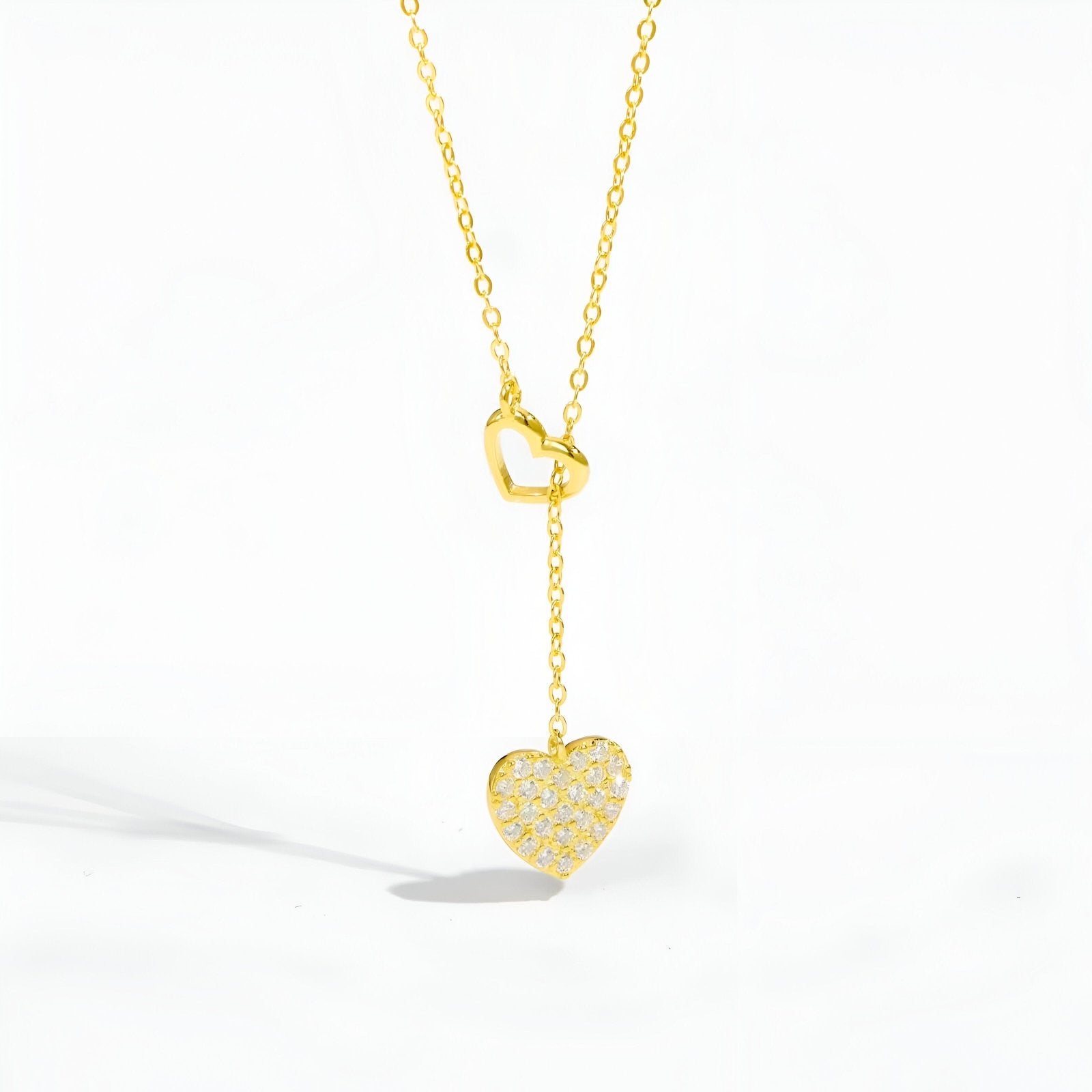 Collier cravate en argent 925, double cœur serti de zircons, finition dorée ou argentée, modèle Mila