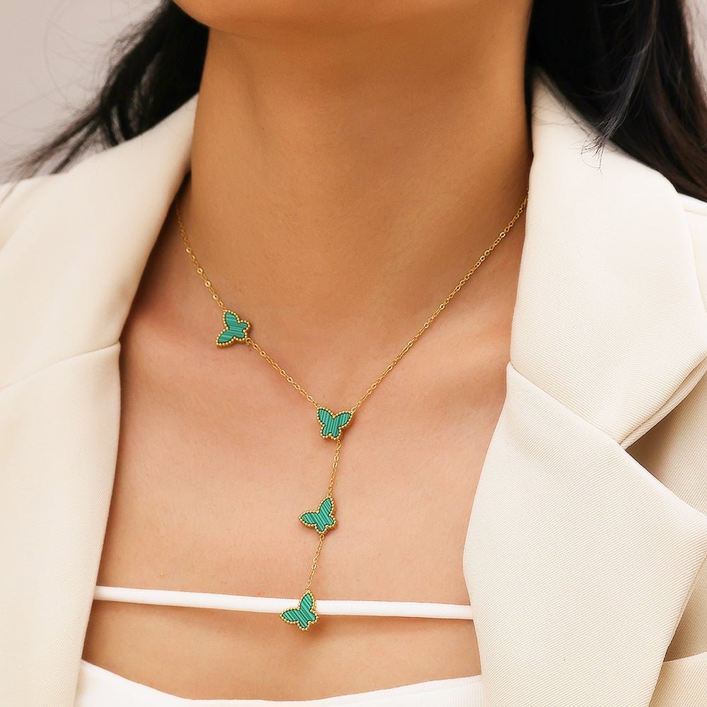 Collier cravate pour femme, pendentifs papillons, émail coloré et acier inoxydable plaqué or 18K
