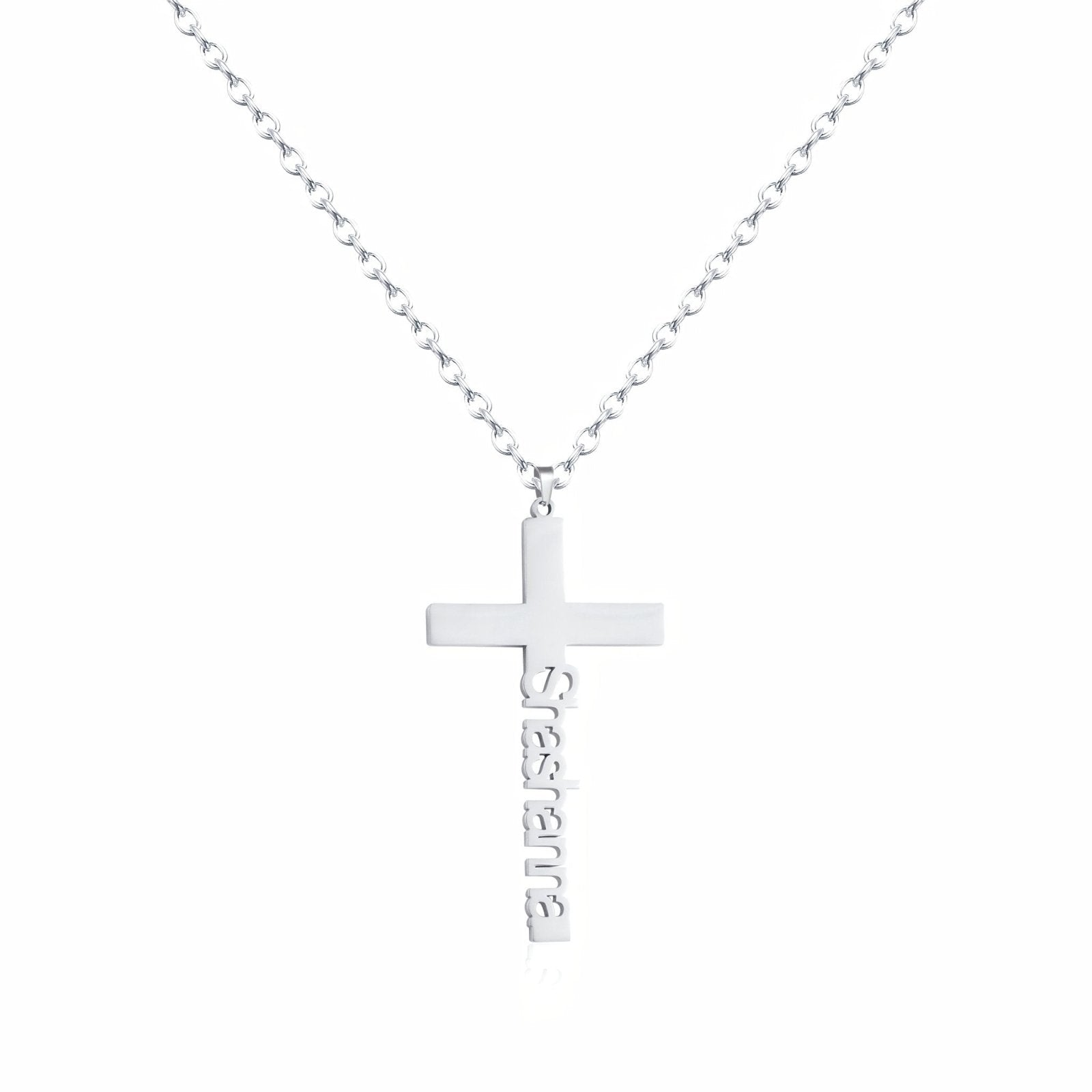 Collier croix avec nom gravé, prénom vertical, en acier inoxydable, modèle Solange