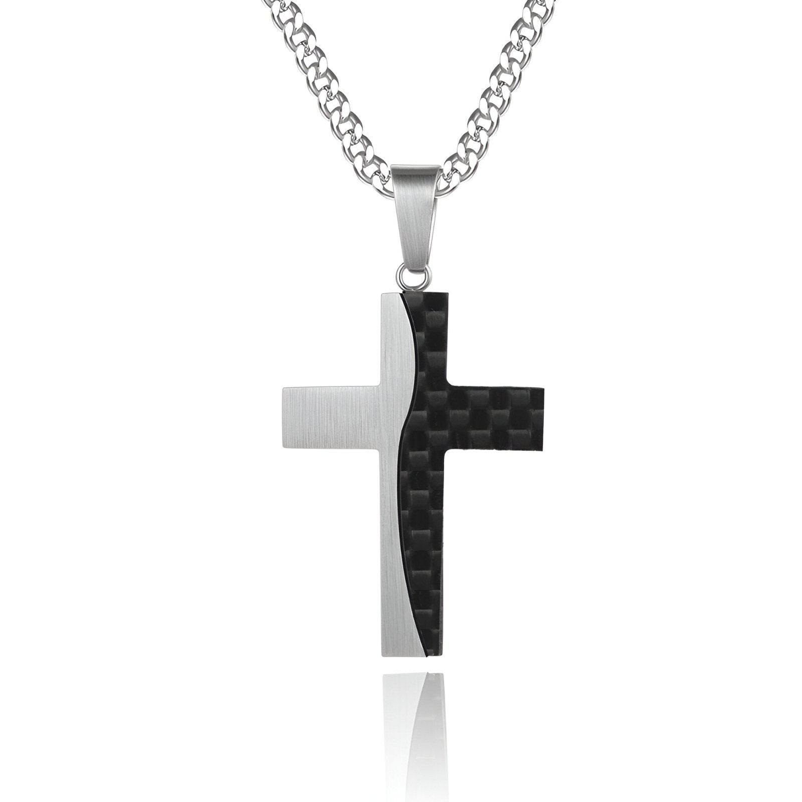 Collier croix chrétienne bicolore en acier brossé et fibre de carbone, modèle Eliott