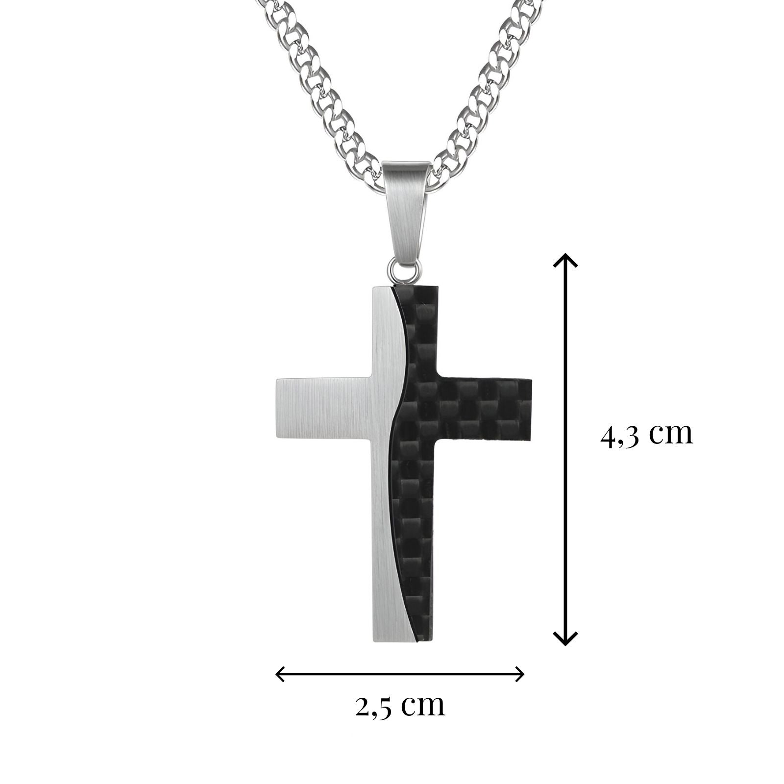 Collier croix chrétienne bicolore en acier brossé et fibre de carbone, modèle Eliott