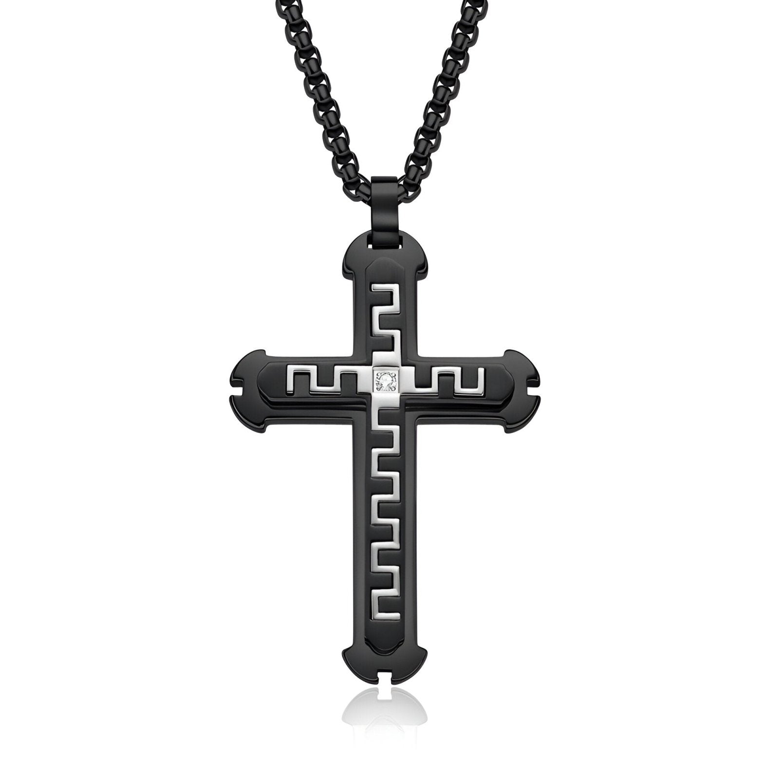 Collier croix contemporaine homme, maille vénitienne, motif sculpté et zircon, modèle Nazaire
