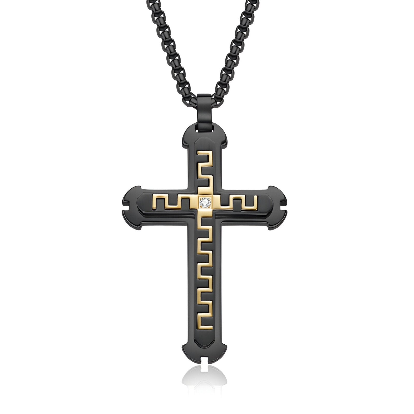 Collier croix contemporaine homme, maille vénitienne, motif sculpté et zircon, modèle Nazaire