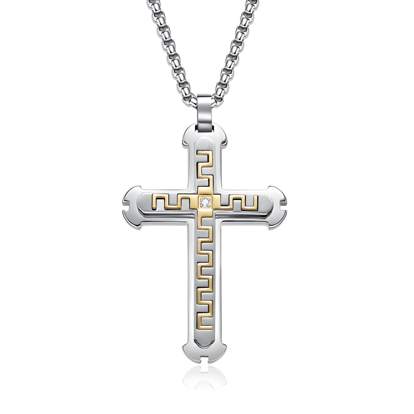 Collier croix contemporaine homme, maille vénitienne, motif sculpté et zircon, modèle Nazaire
