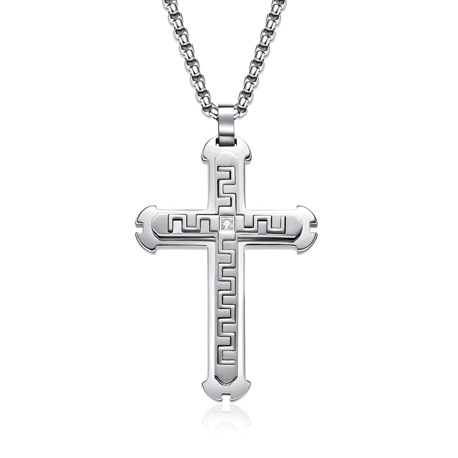 Collier croix contemporaine homme, maille vénitienne, motif sculpté et zircon, modèle Nazaire